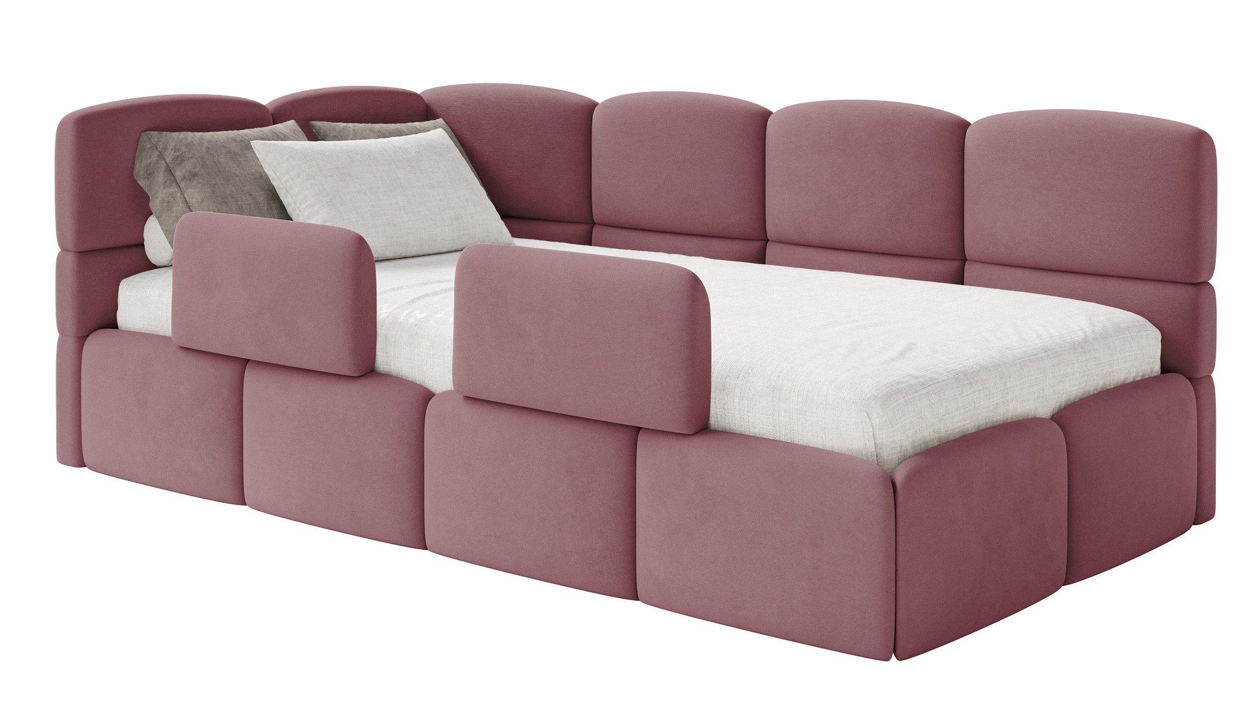 Jugendbett 90x200 cm Cloudy linksseitig mit Stauraum und Geländern, rosa Velours, wasserabweisend und leicht zu reinigen