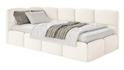 Jugendbett 90x200 cm Cloudy linksseitig mit Matratze und Aufbewahrungsbox, cremefarbener Velours, wasserabweisend und pflegeleicht