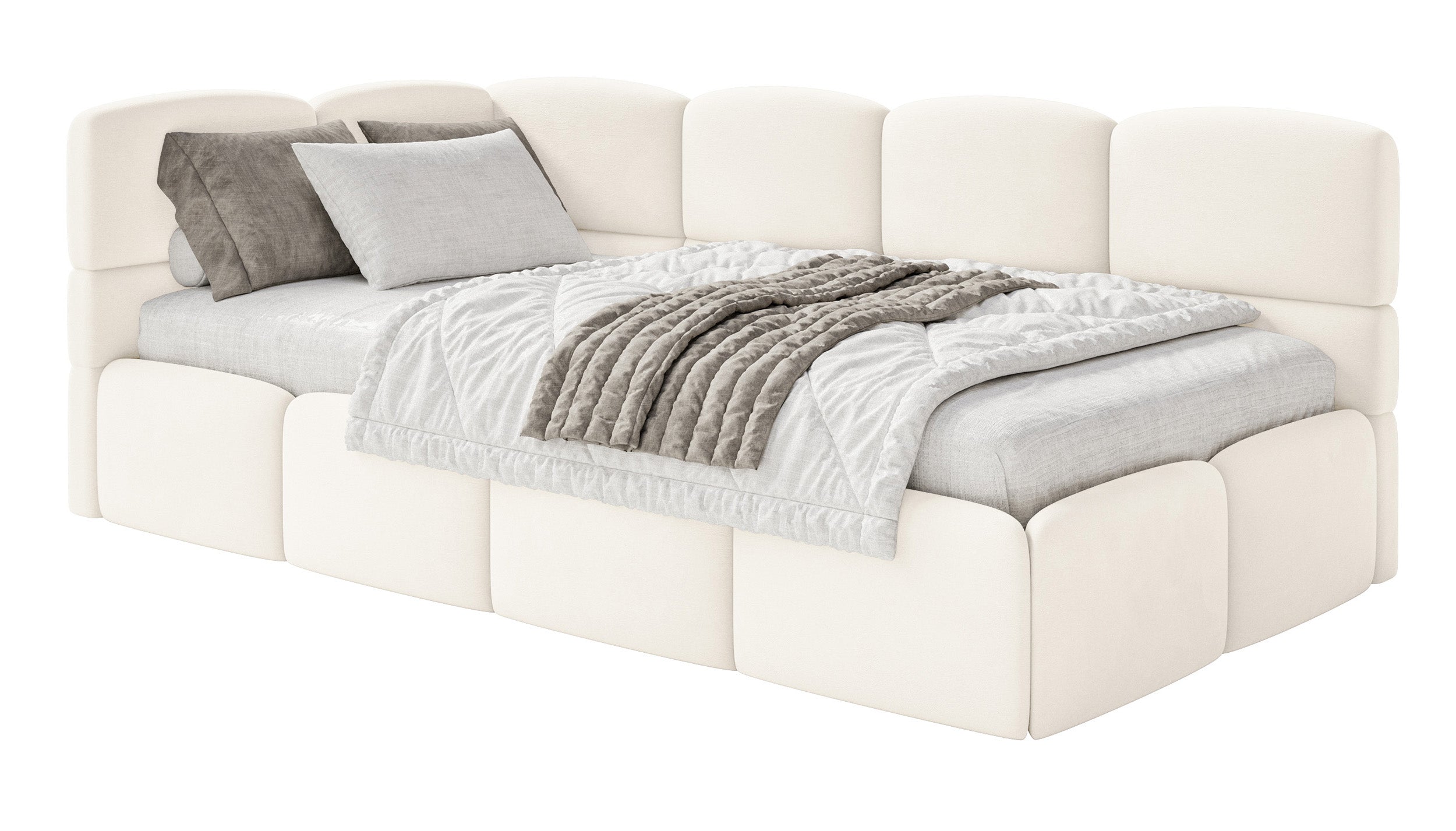 Jugendbett 90x200 cm Cloudy linksseitig mit Matratze, Stauraum und Geländern, cremefarbener Velours, wasserabweisend und leicht zu reinigen