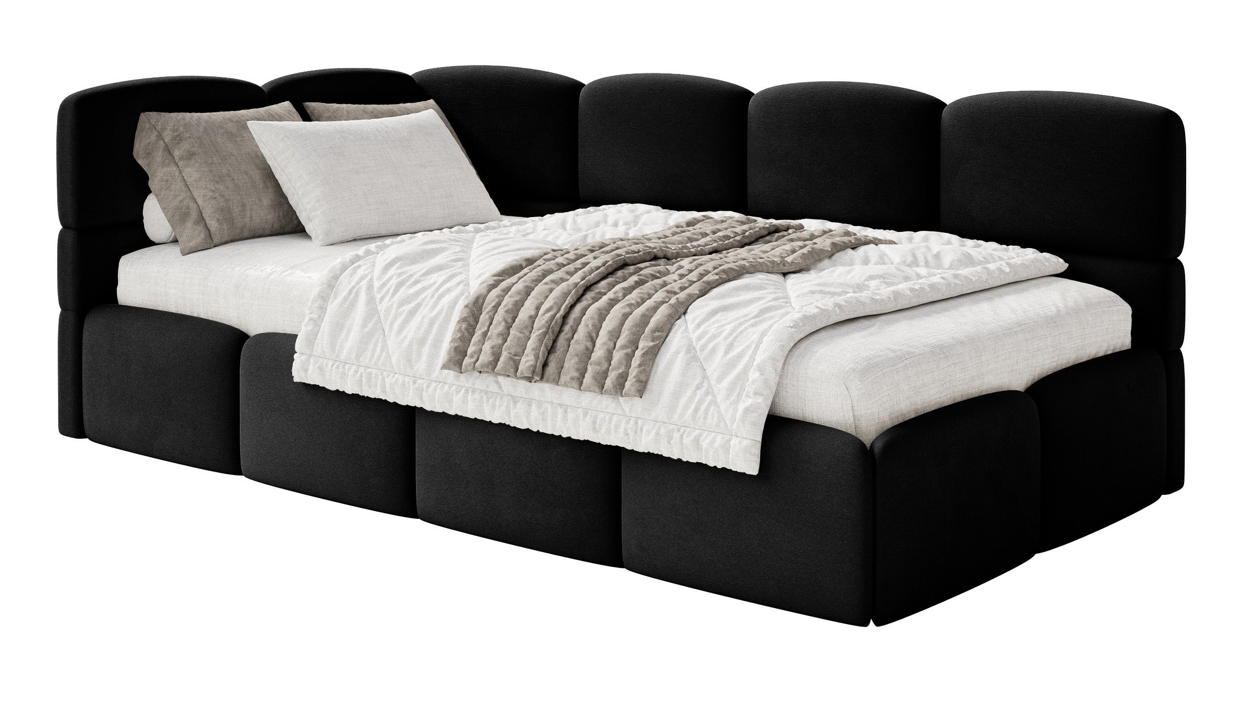 Jugendbett 90x200 cm Cloudy, linksseitig mit Stauraum, schwarzer Velours, wasserabweisend und leicht zu reinigen