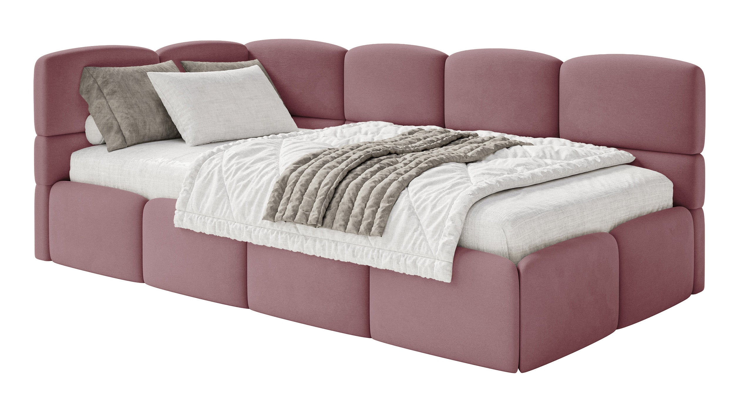 Jugendbett 90x200 cm Cloudy, linksseitig mit Stauraum, rosa Velours, wasserabweisend und leicht zu reinigen