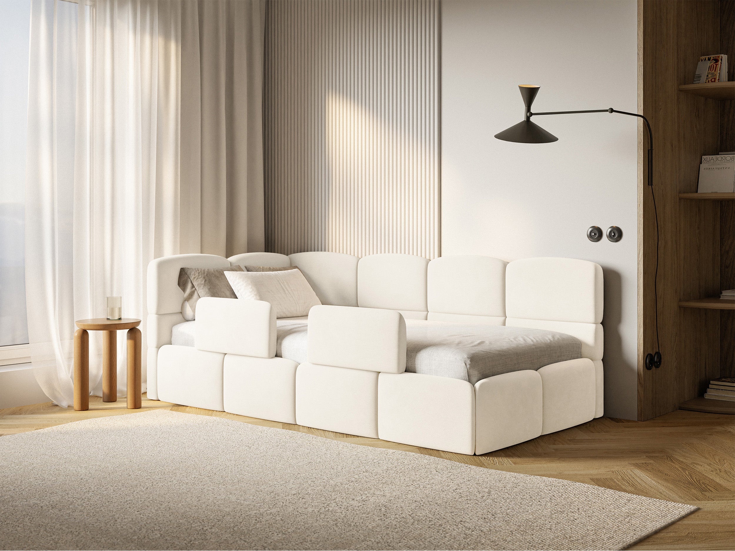 Jugendbett 90x200 cm Cloudy linksseitig mit Matratze, Stauraum und Geländern, cremefarbener Velours, wasserabweisend und leicht zu reinigen