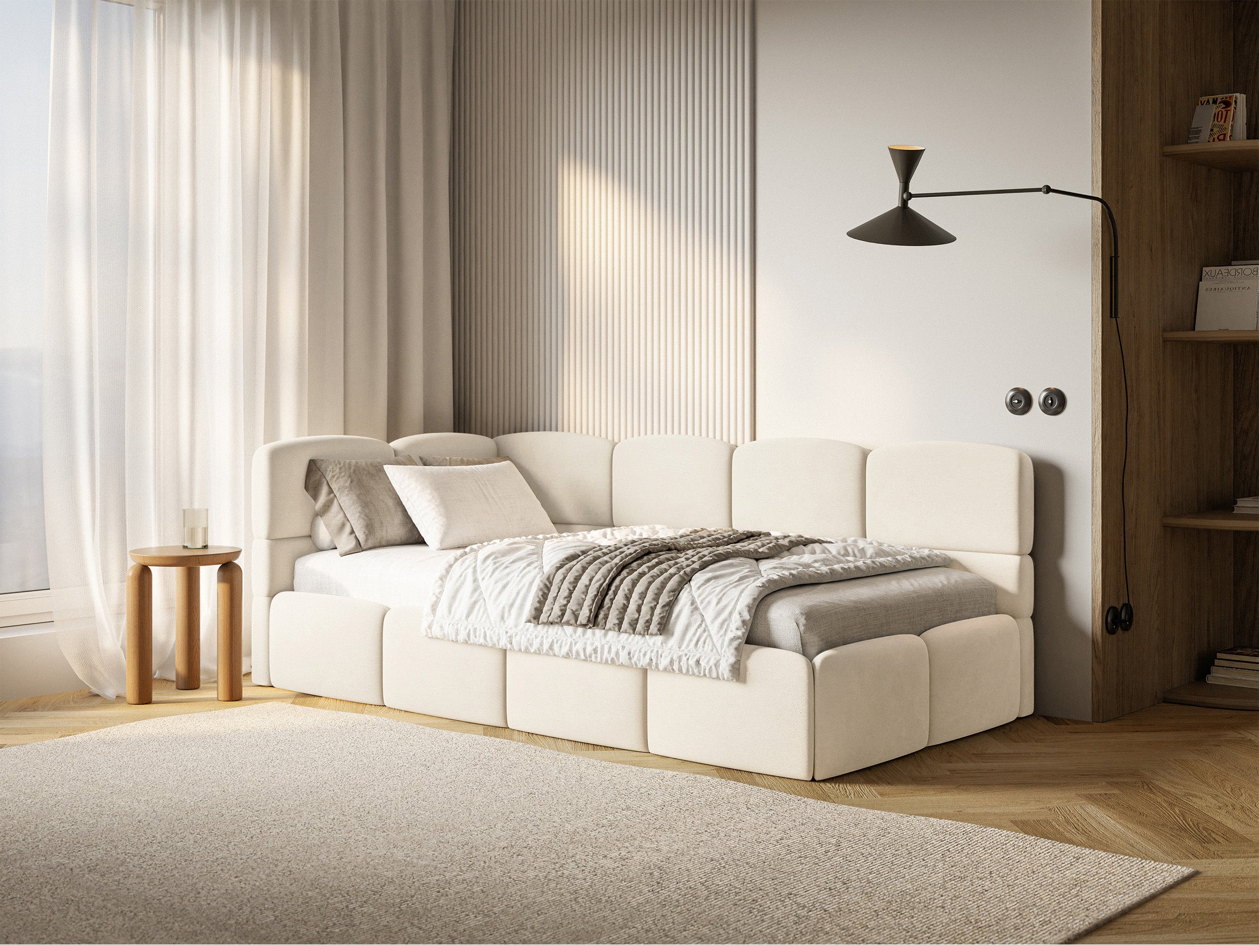 Jugendbett 90x200 cm Cloudy linksseitig mit Matratze, Stauraum und Geländern, cremefarbener Velours, wasserabweisend und leicht zu reinigen