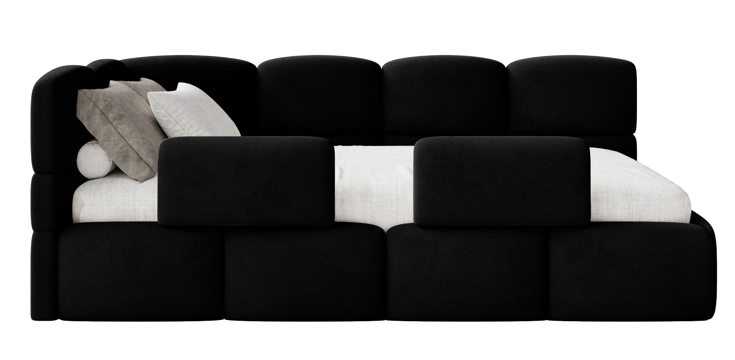 Jugendbett 90x200 cm Cloudy, linksseitig mit Stauraum und schwarzen, wasserabweisenden, leicht zu reinigenden Samtgeländern
