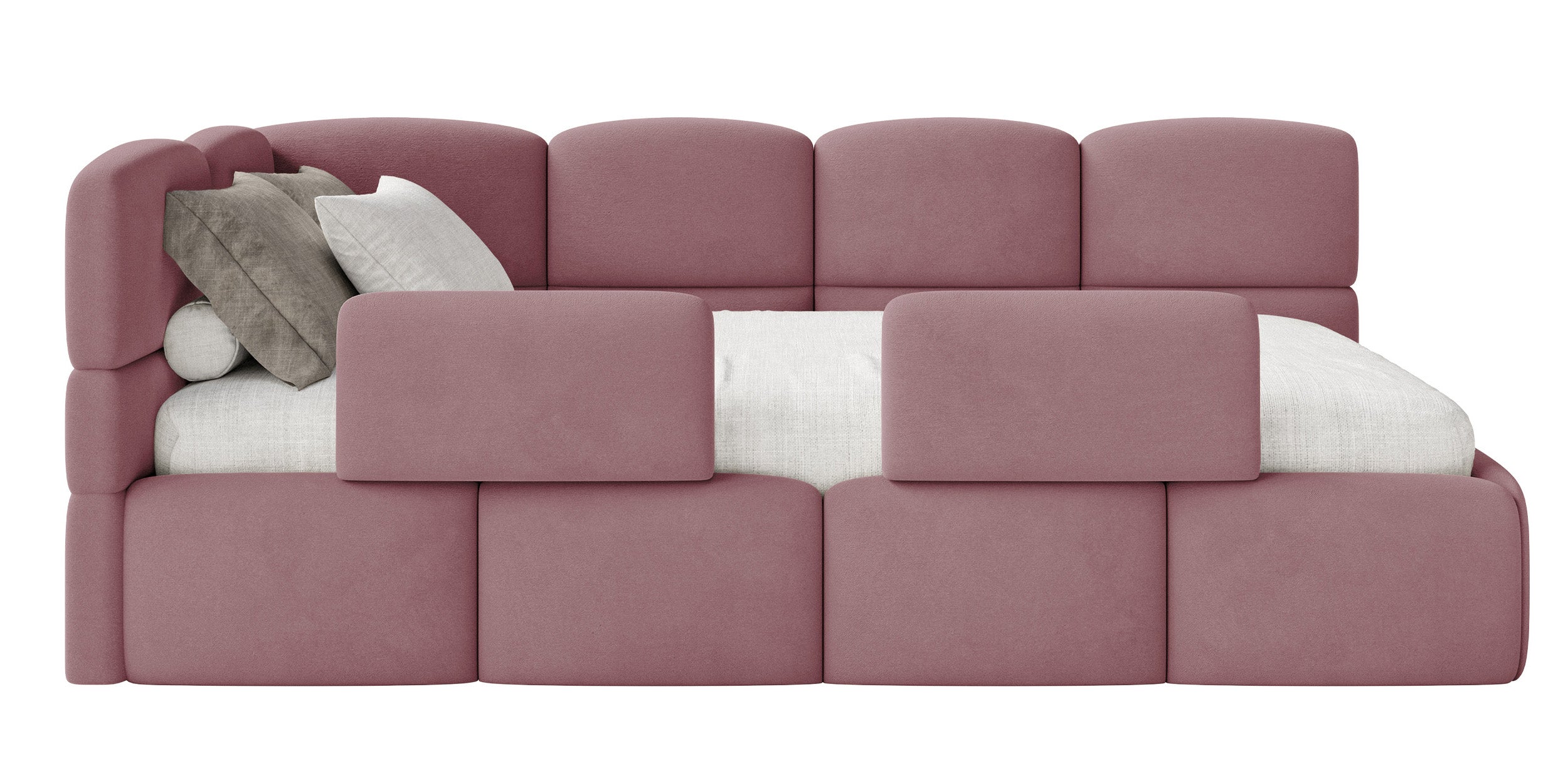 Jugendbett 90x200 cm Cloudy linksseitig mit Stauraum und Geländern, rosa Velours, wasserabweisend und leicht zu reinigen