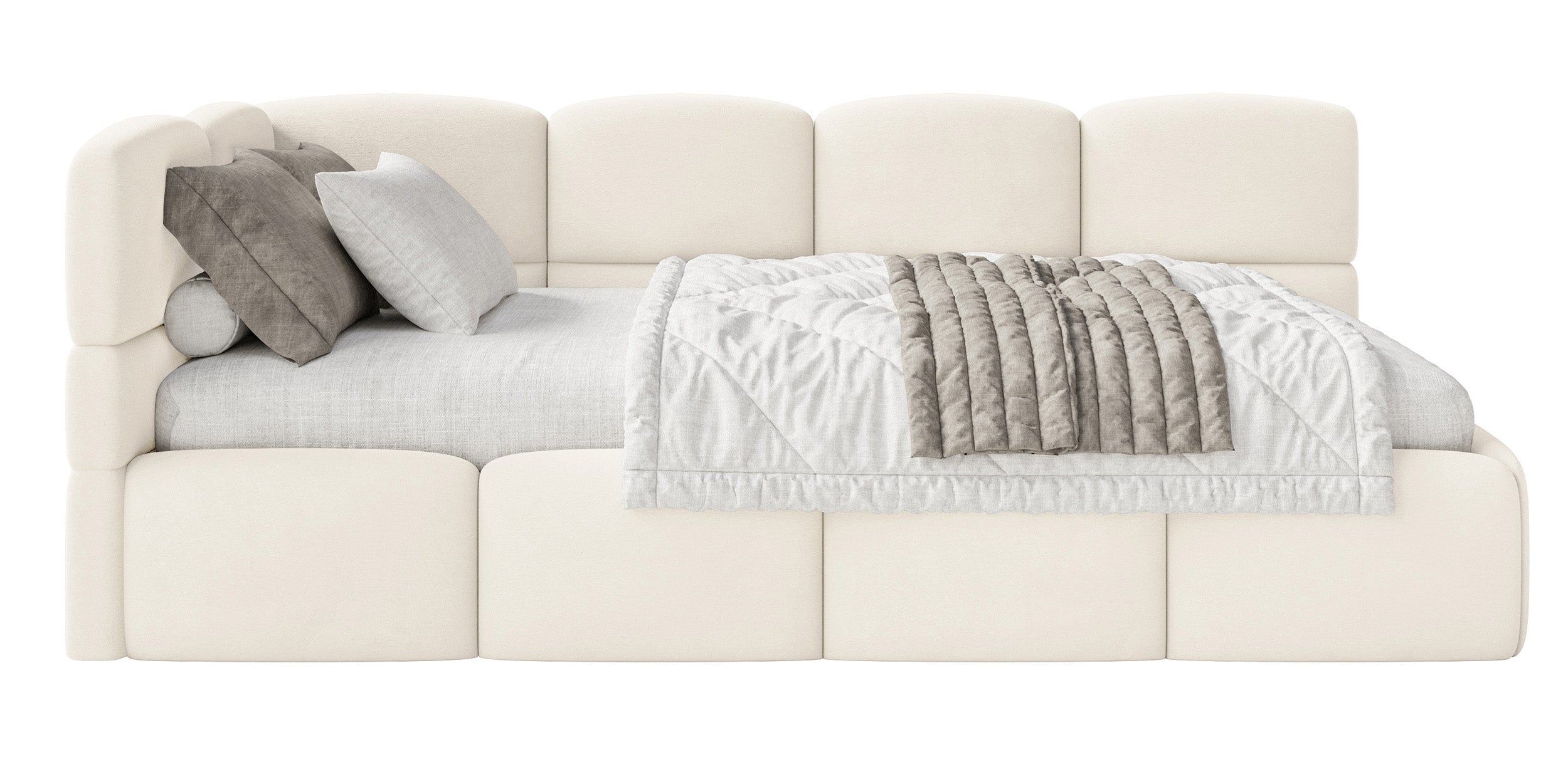 Jugendbett 90x200 cm Cloudy linksseitig mit Matratze, Stauraum und Geländern, cremefarbener Velours, wasserabweisend und leicht zu reinigen
