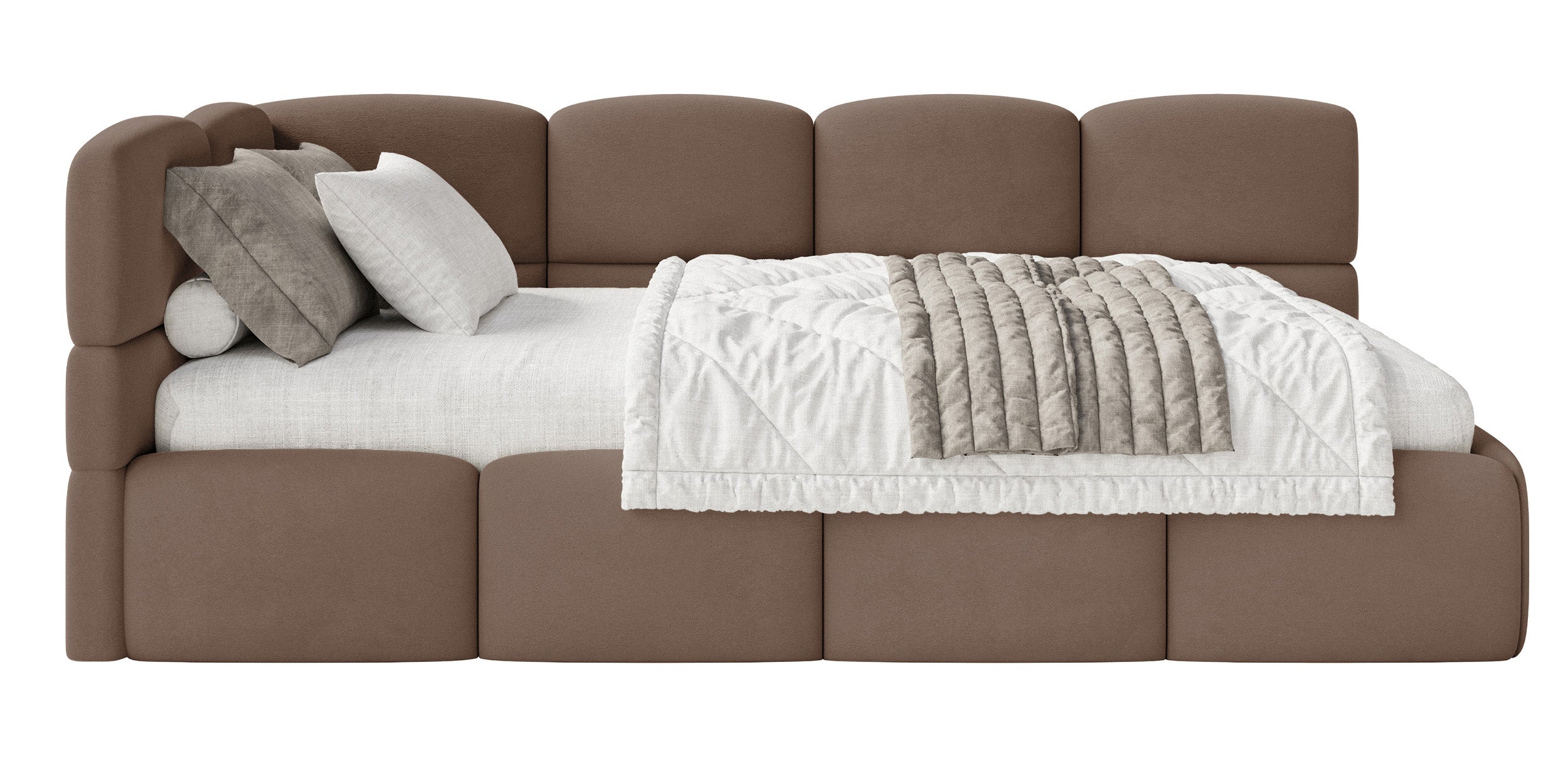 Jugendbett 90x200 cm Cloudy linksseitig mit Matratze und Stauraum, brauner Velours, wasserabweisend und leicht zu reinigen