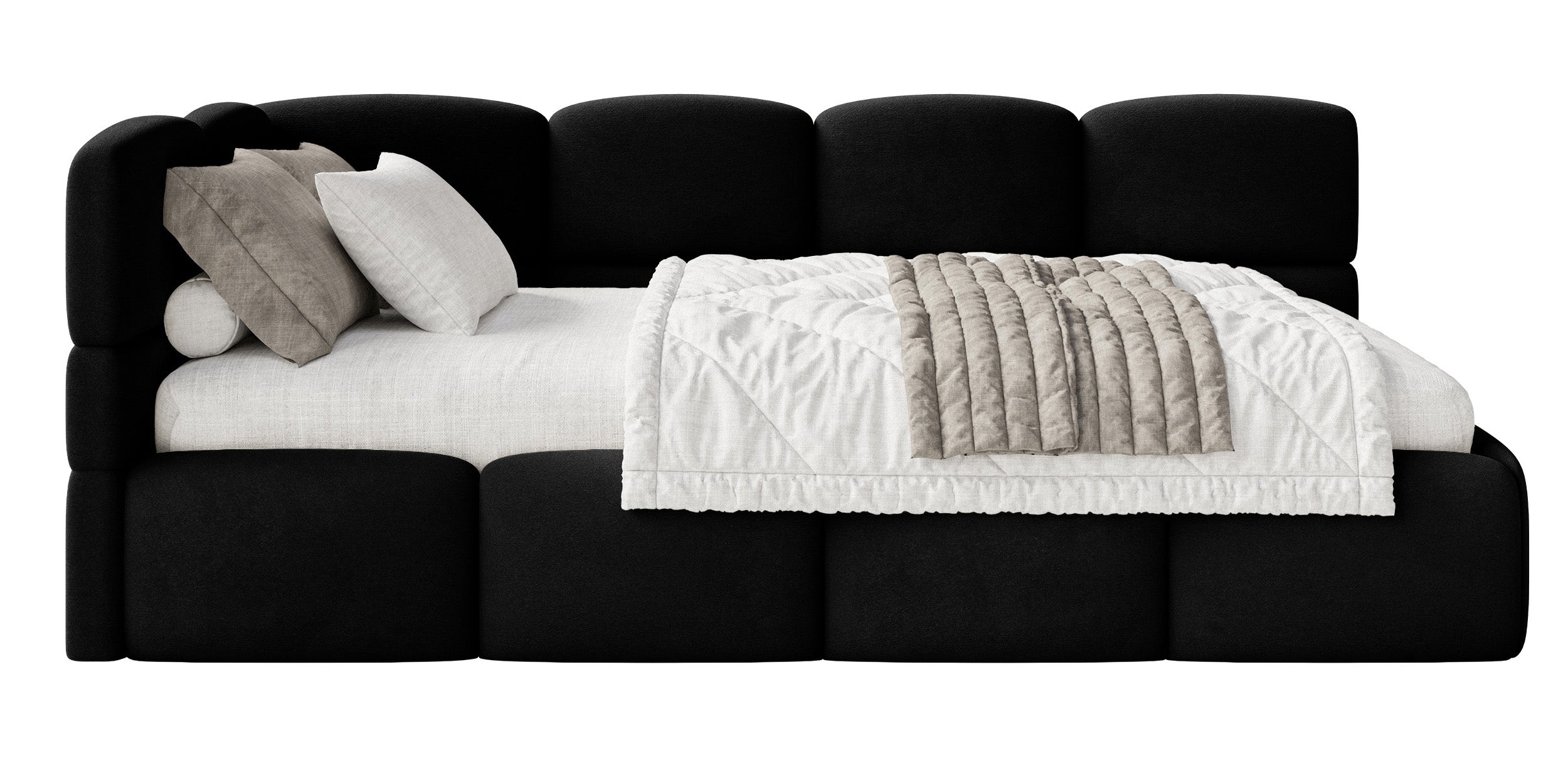 Jugendbett 90x200 cm Cloudy, linksseitig mit Stauraum, schwarzer Velours, wasserabweisend und leicht zu reinigen