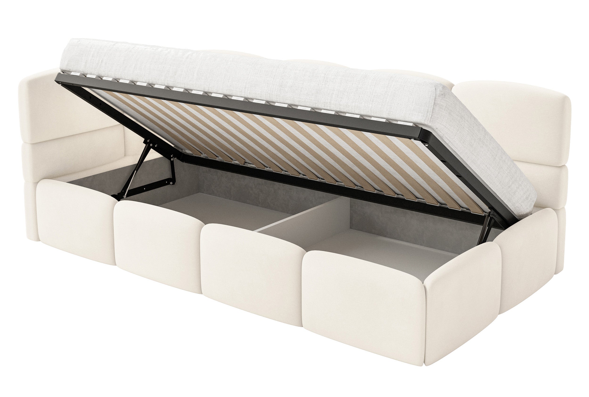 Jugendbett 90x200 cm Cloudy linksseitig mit Matratze, Stauraum und Geländern, cremefarbener Velours, wasserabweisend und leicht zu reinigen