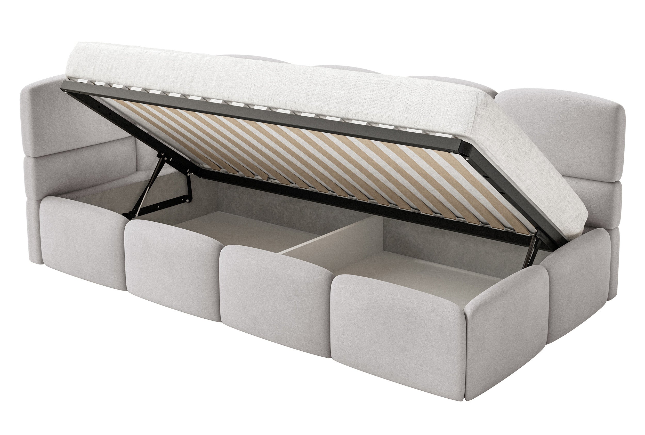 Jugendbett 90x200 cm Cloudy linksseitig mit Stauraum, hellgrauer Samt, wasserabweisend und leicht zu reinigen