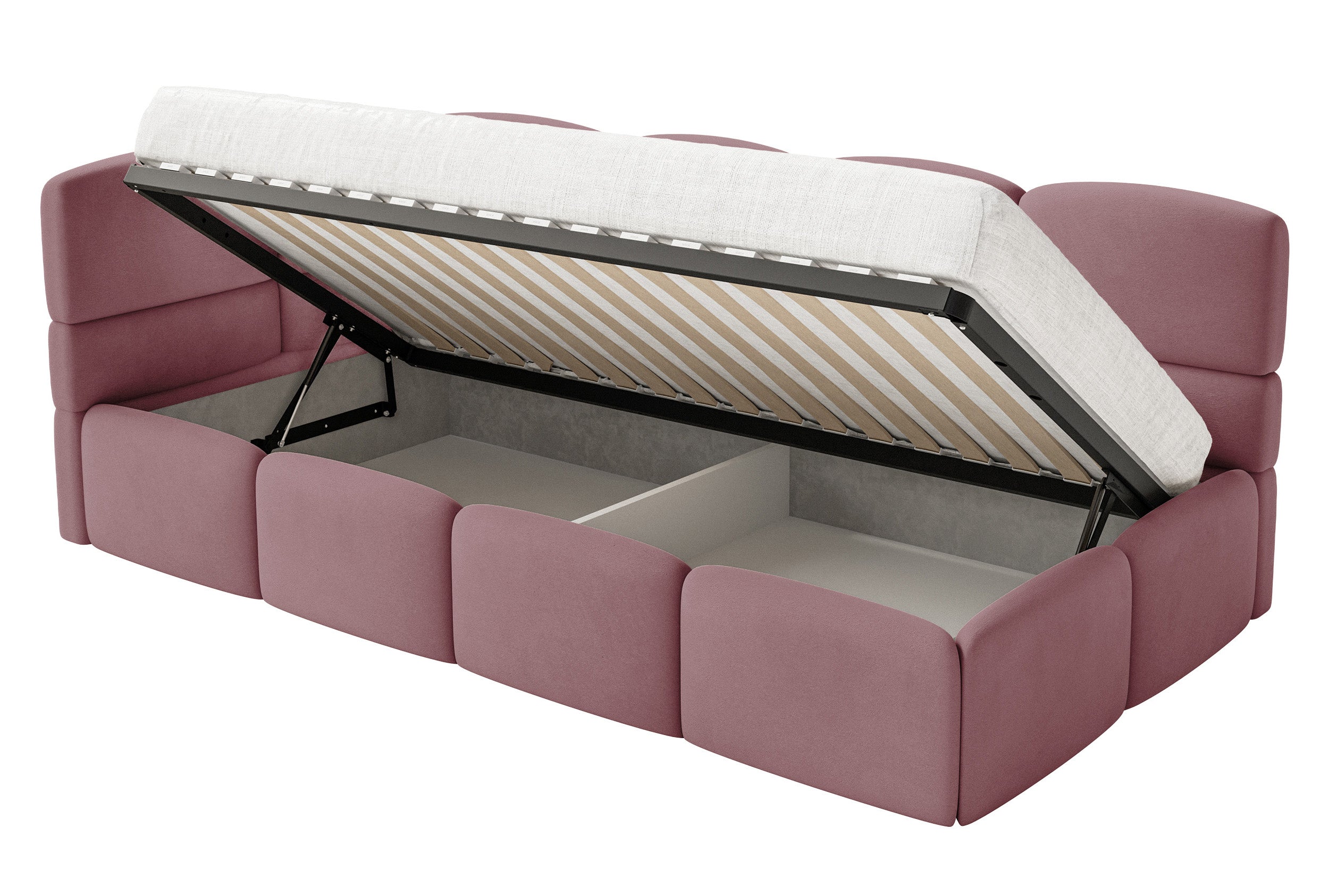 Jugendbett 90x200 cm Cloudy linksseitig mit Stauraum und Geländern, rosa Velours, wasserabweisend und leicht zu reinigen