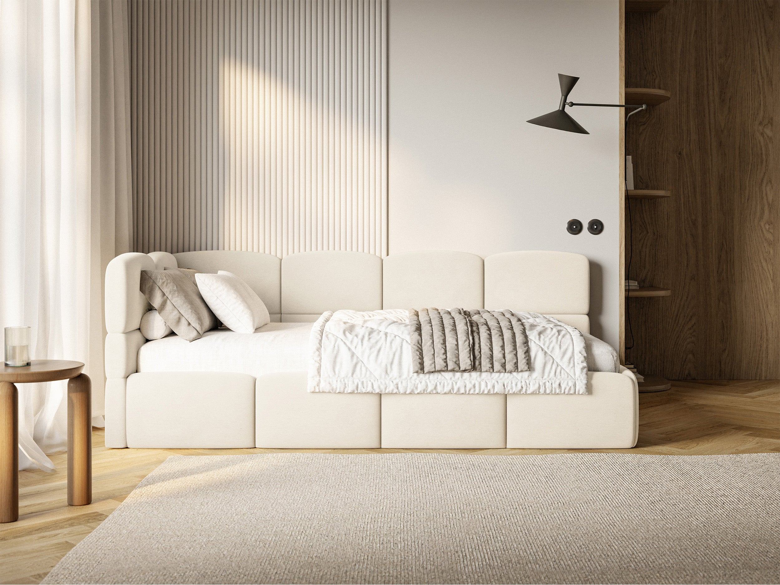Jugendbett 90x200 cm Cloudy linksseitig mit Matratze, Stauraum und Geländern, cremefarbener Velours, wasserabweisend und leicht zu reinigen
