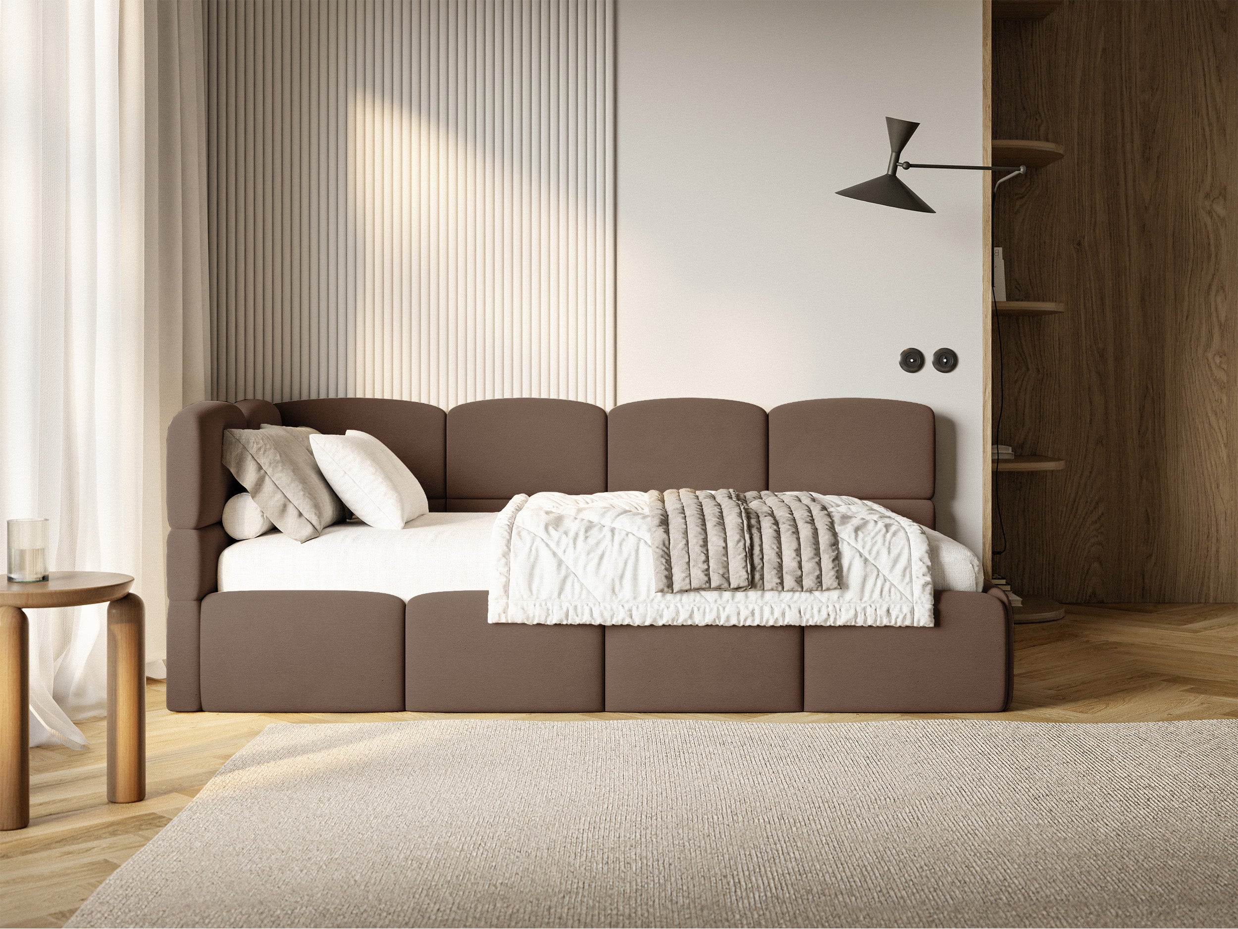 Jugendbett 90x200 cm Cloudy linksseitig mit Matratze und Stauraum, brauner Velours, wasserabweisend und leicht zu reinigen