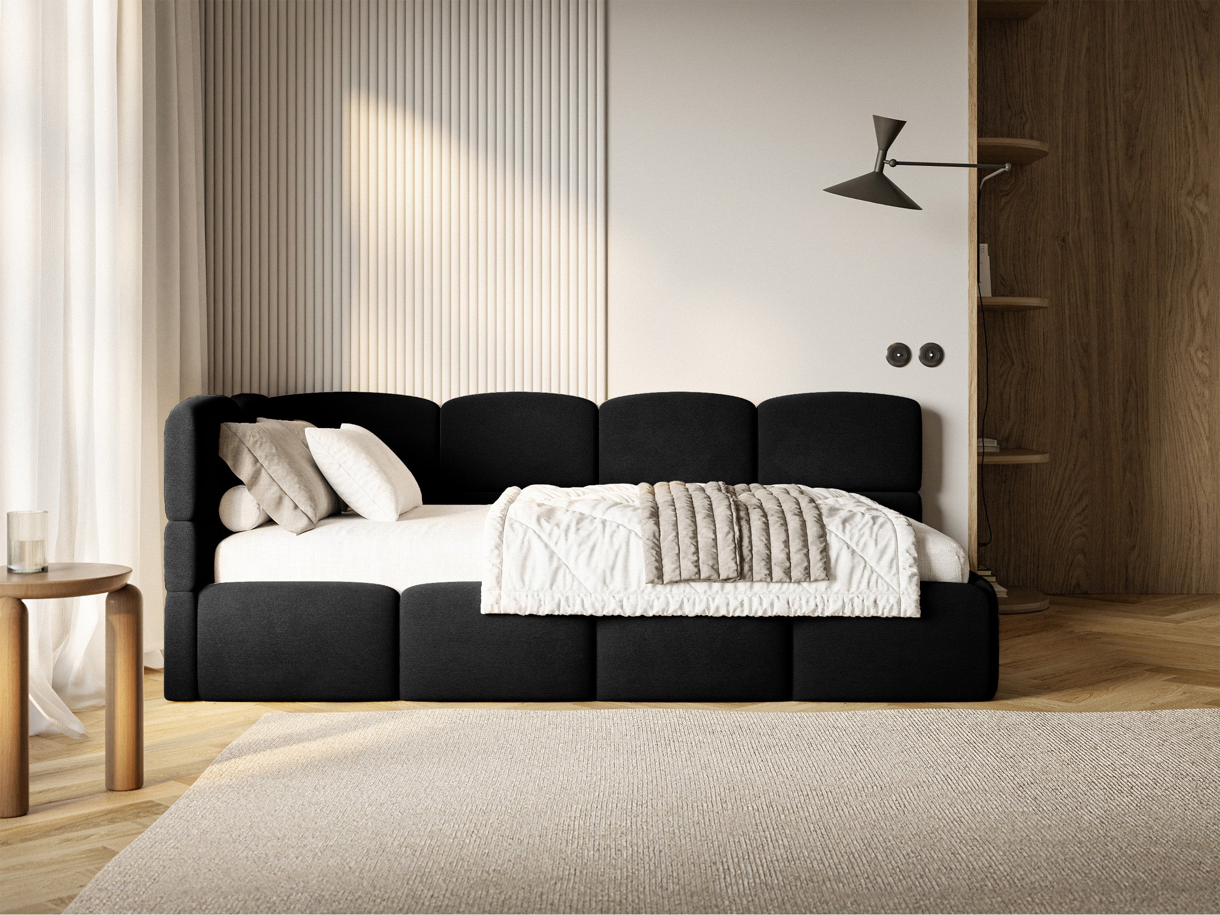 Jugendbett 90x200 cm Cloudy, linksseitig mit Stauraum, schwarzer Velours, wasserabweisend und leicht zu reinigen