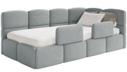 Jugendbett 120x200 cm Cloudy rechtsseitig mit Stauraum und Geländern, grauer Velours, wasserabweisend und leicht zu reinigen