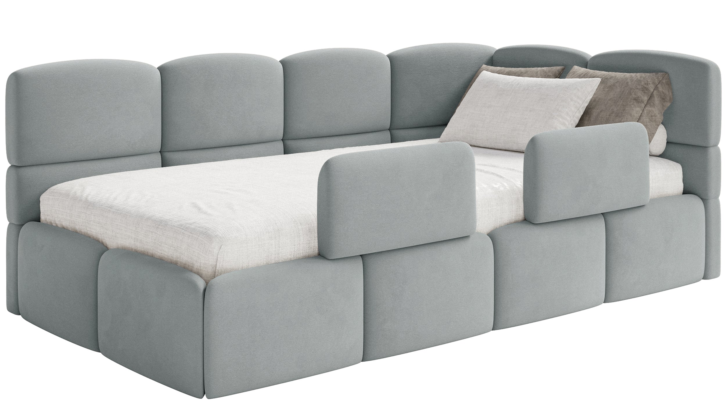 Jugendbett 120x200 cm Cloudy rechtsseitig mit Stauraum und Geländern, grauer Velours, wasserabweisend und leicht zu reinigen