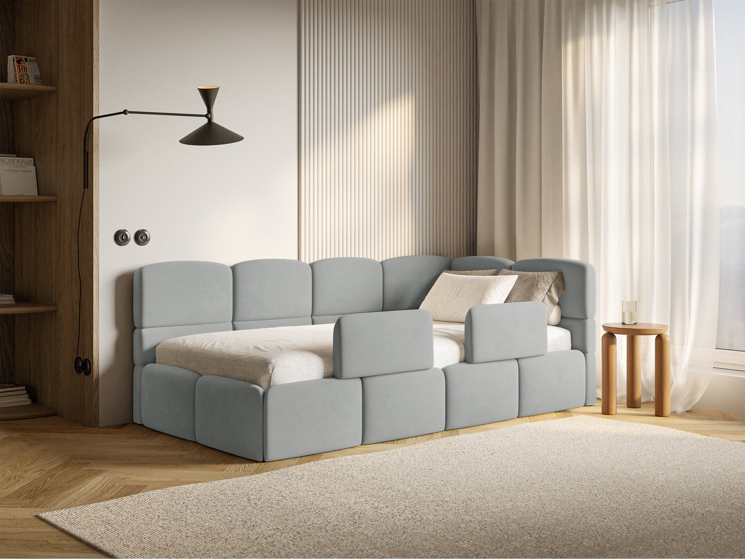 Jugendbett 120x200 cm Cloudy rechtsseitig mit Stauraum und Geländern, grauer Velours, wasserabweisend und leicht zu reinigen