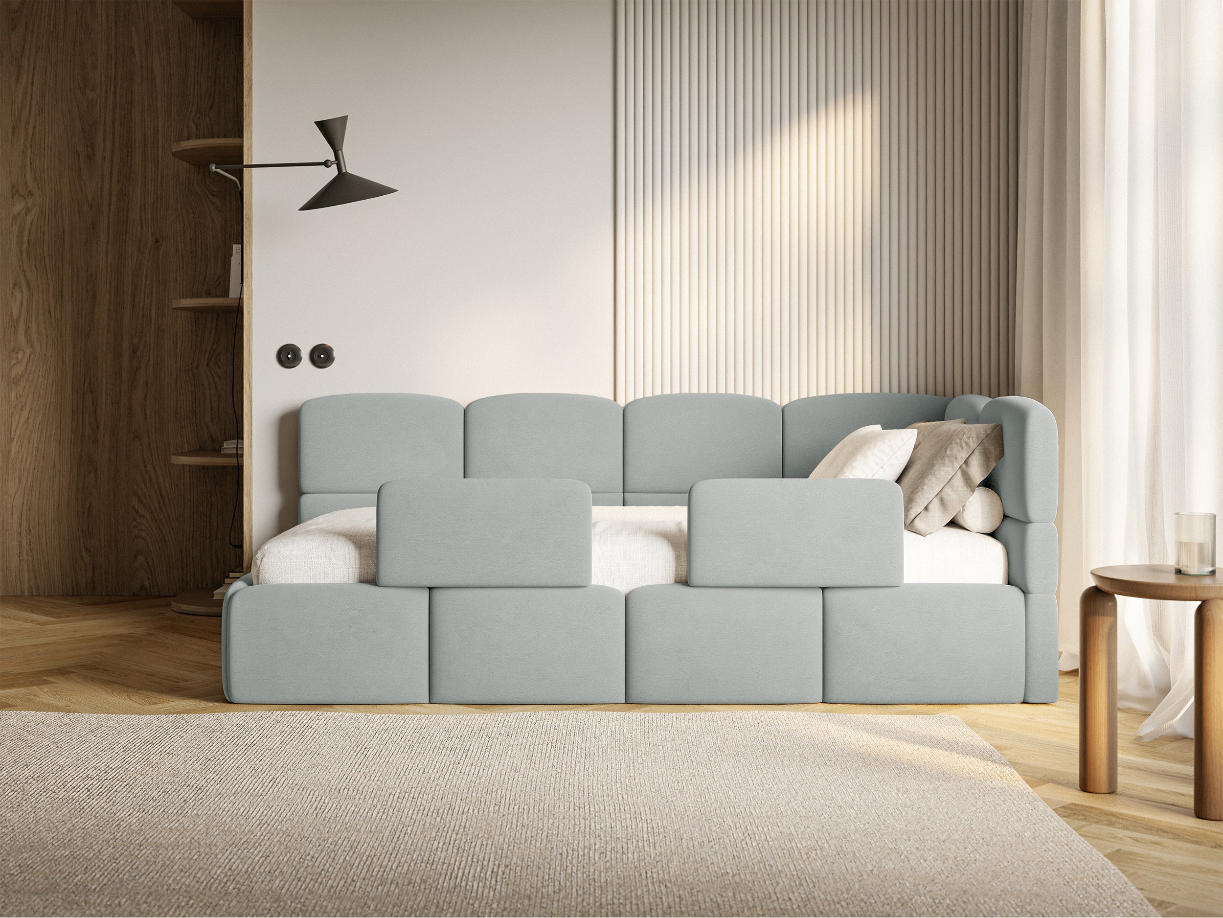 Jugendbett 120x200 cm Cloudy rechtsseitig mit Stauraum und Geländern, grauer Velours, wasserabweisend und leicht zu reinigen