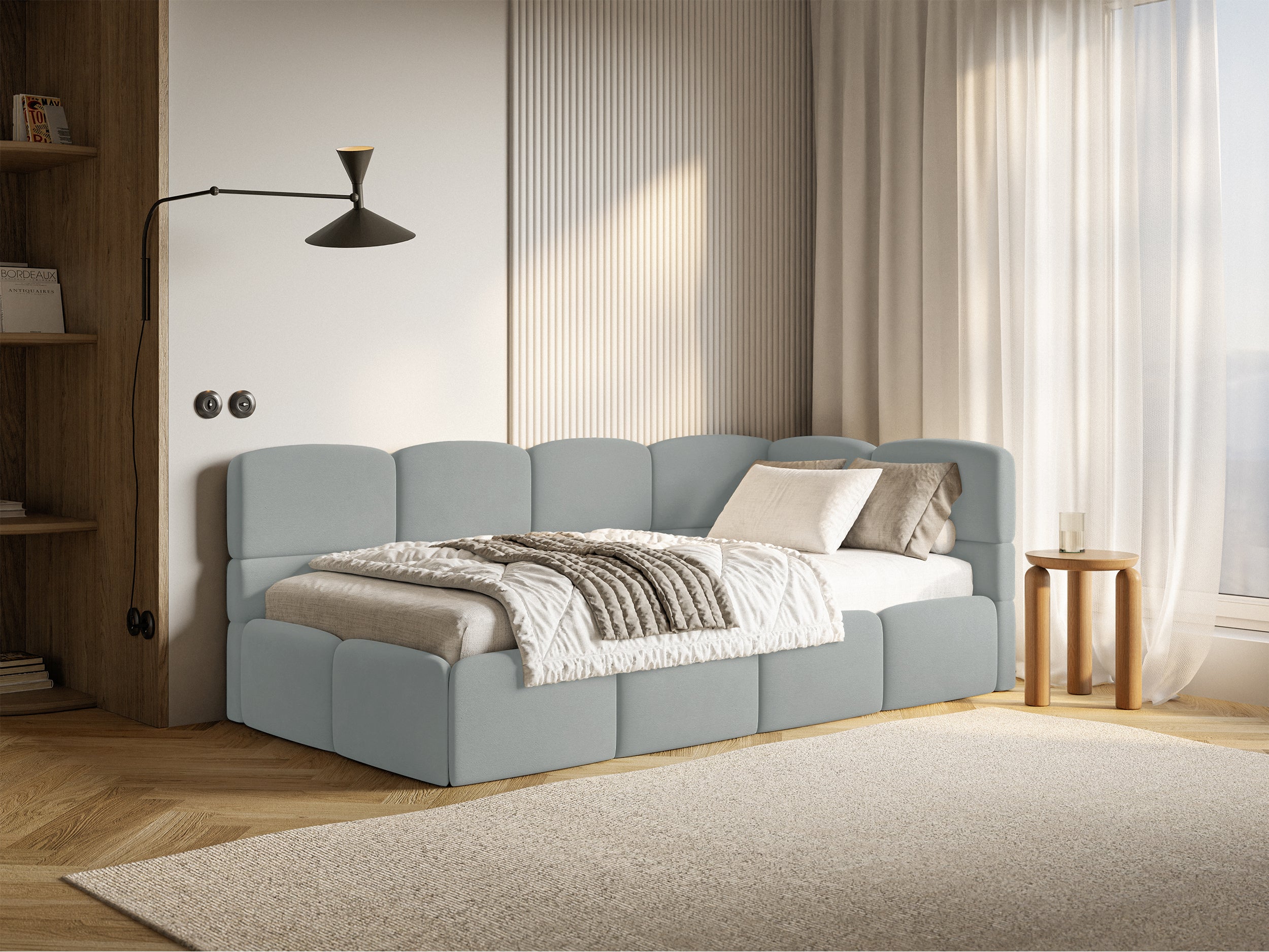 Jugendbett 120x200 cm Cloudy rechtsseitig mit Stauraum und Geländern, grauer Velours, wasserabweisend und leicht zu reinigen
