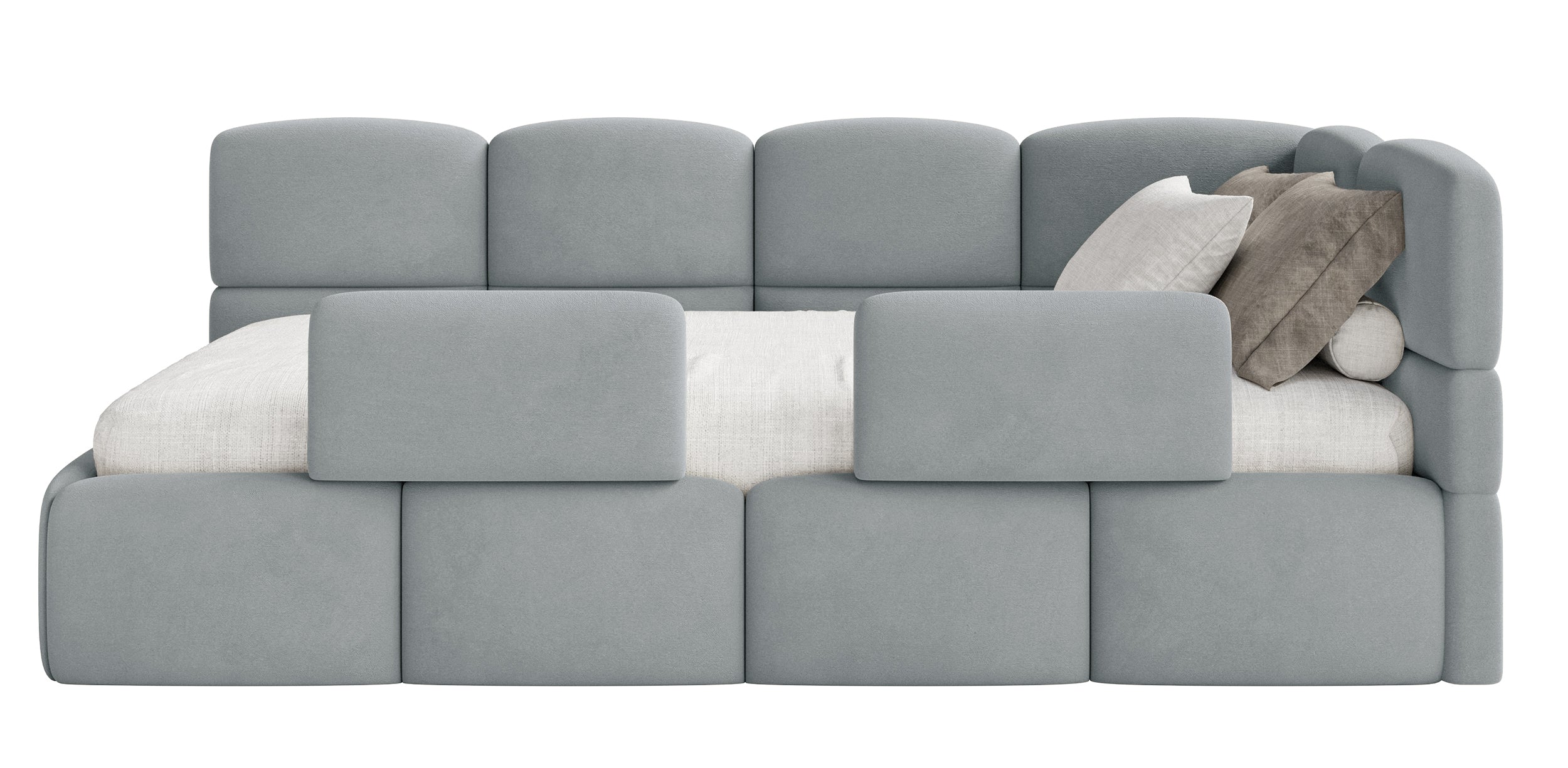 Jugendbett 120x200 cm Cloudy rechtsseitig mit Stauraum und Geländern, grauer Velours, wasserabweisend und leicht zu reinigen