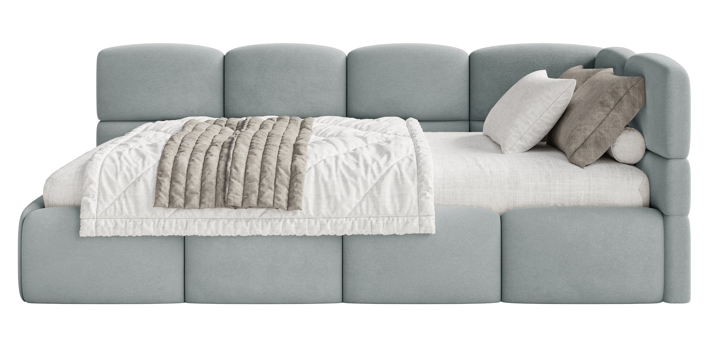 Jugendbett 120x200 cm Cloudy rechtsseitig mit Stauraum und Geländern, grauer Velours, wasserabweisend und leicht zu reinigen