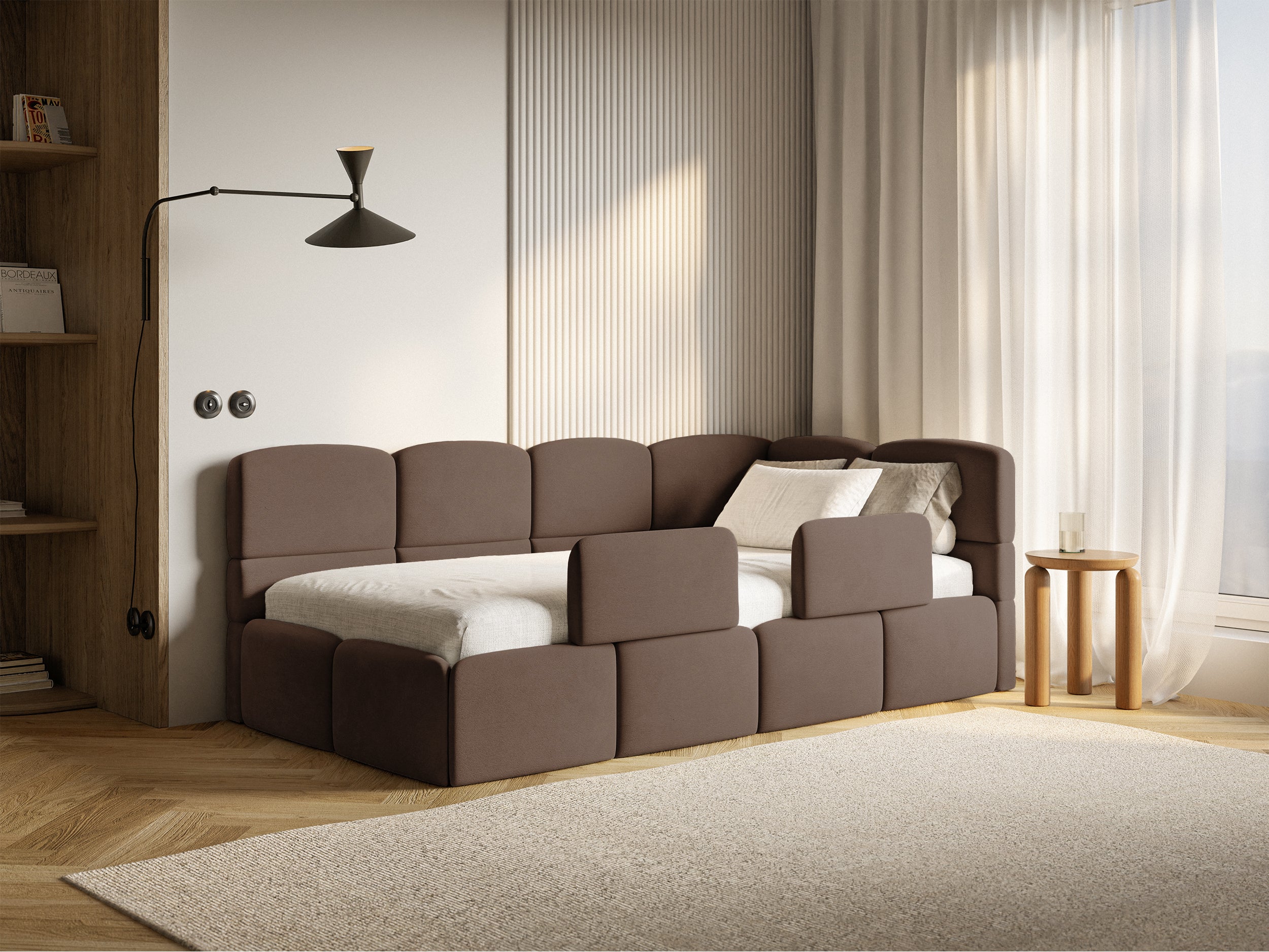Jugendbett 120x200 cm Cloudy, rechtsseitig, mit Matratze, Stauraum und braunen, wasserabweisenden, pflegeleichten Samt-Gittern