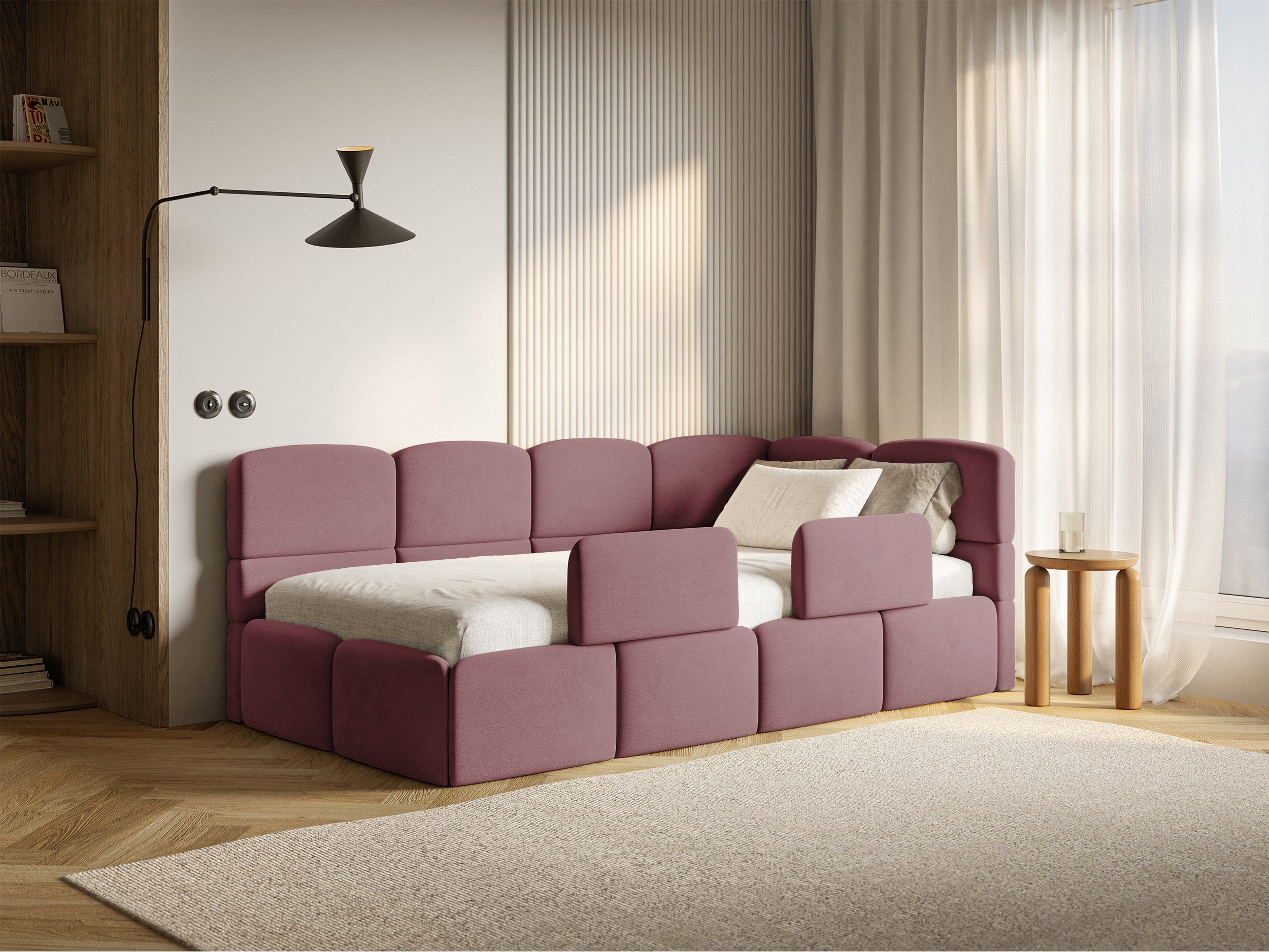 Jugendbett 120x200 cm Cloudy, rechtsseitig, mit Stauraum und Geländern, rosa Velours, wasserabweisend und leicht zu reinigen