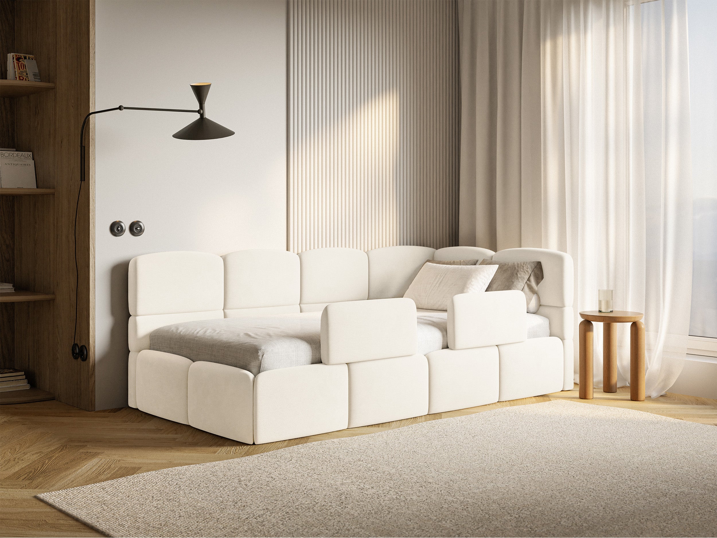 Jugendbett 90x200 cm Cloudy rechtsseitig mit Matratze, Stauraum und Geländern, cremefarbener Velours, wasserabweisend und leicht zu reinigen
