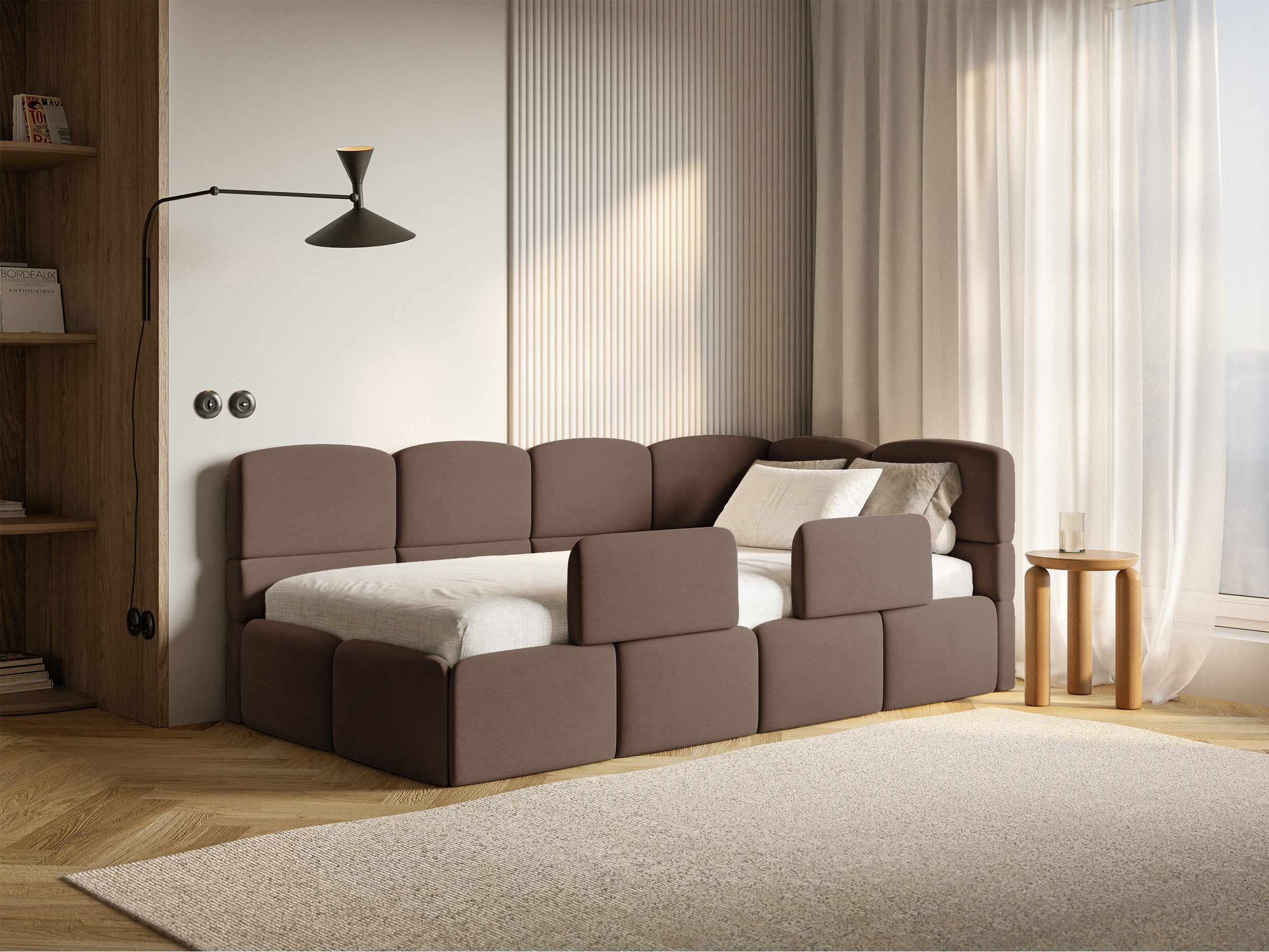 Jugendbett 90x200 cm Cloudy, rechtsseitig mit Stauraum und Geländern, brauner Velours, wasserabweisend und leicht zu reinigen