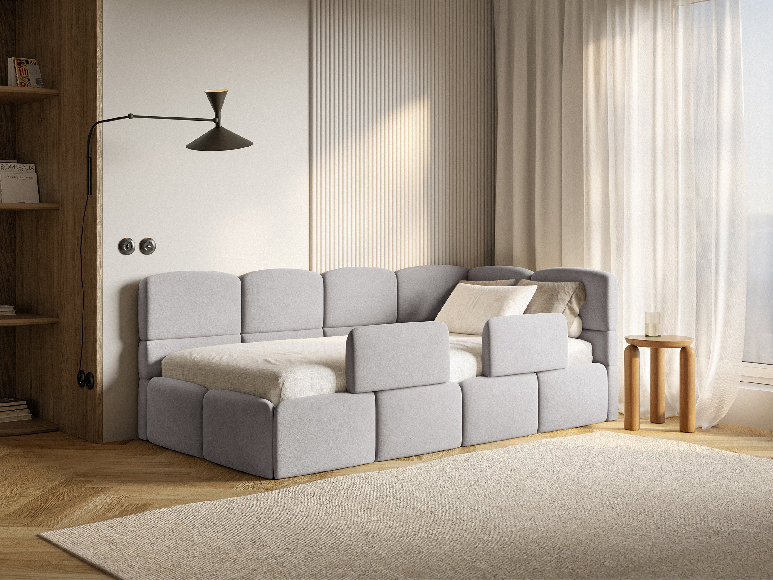 Jugendbett 90x200 cm Cloudy rechtsseitig mit Stauraum und hellgrauen, wasserabweisenden, leicht zu reinigenden Samt-Gittern