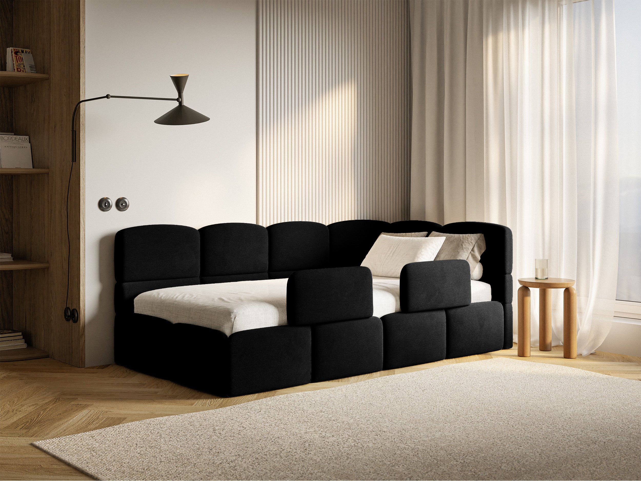 Jugendbett 90x200 cm Cloudy rechtsseitig mit Stauraum und Geländern, schwarzer Velours, wasserabweisend und leicht zu reinigen