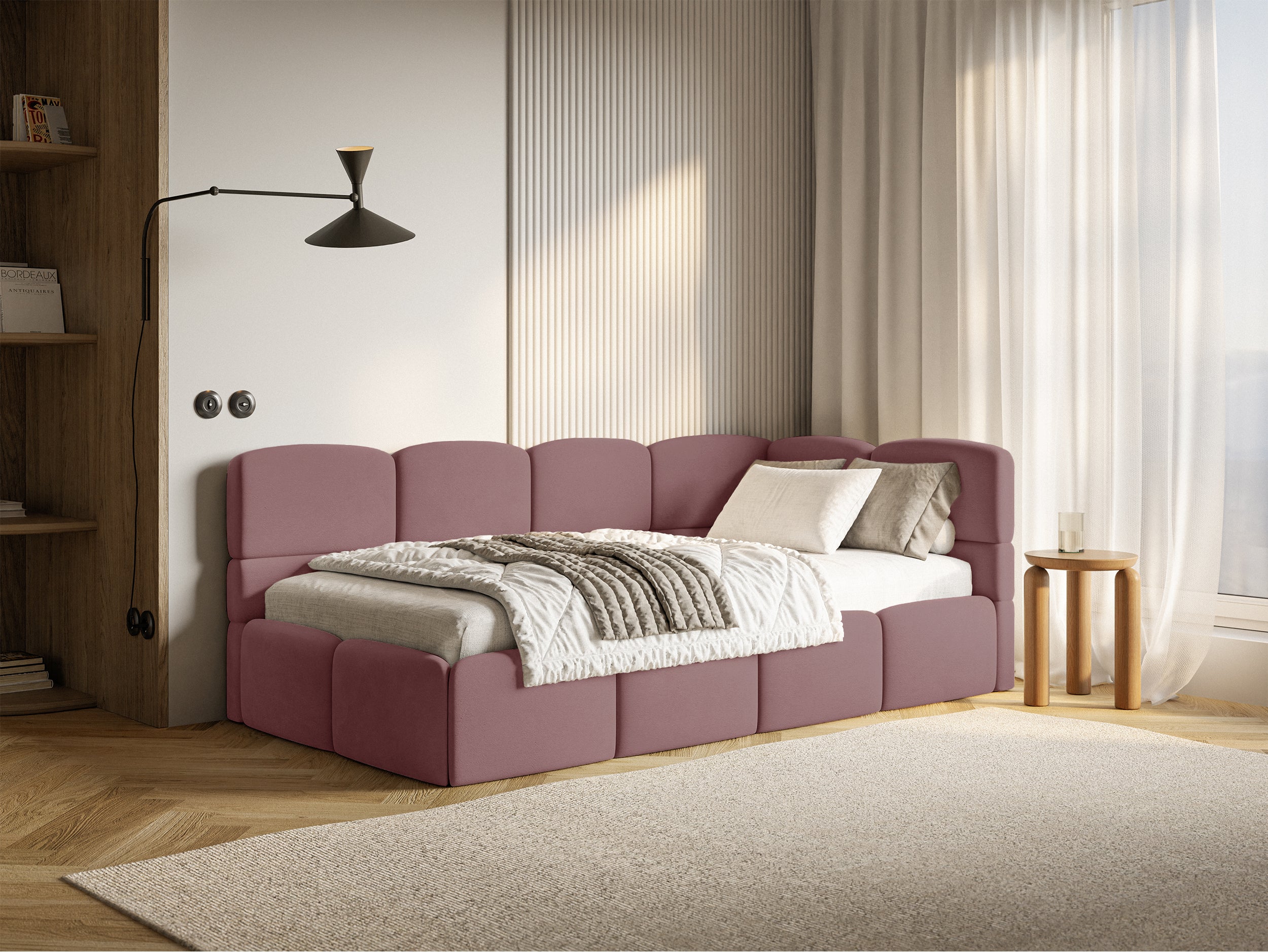 Jugendbett 120x200 cm Cloudy, rechtsseitig, mit Stauraum und Geländern, rosa Velours, wasserabweisend und leicht zu reinigen
