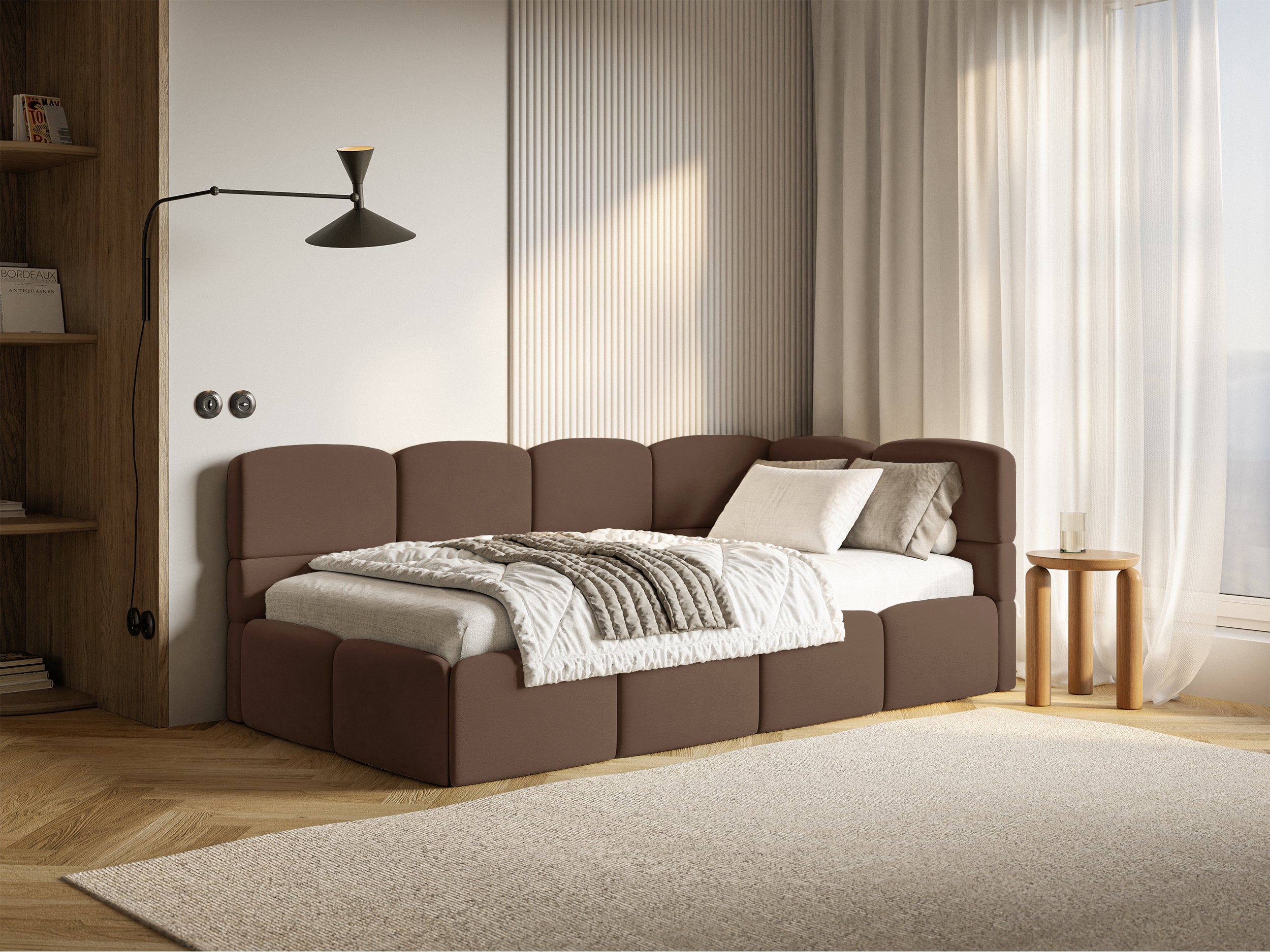 Jugendbett 120x200 cm Cloudy rechtsseitig mit Matratze und Stauraum, brauner Velours, wasserabweisend und leicht zu reinigen