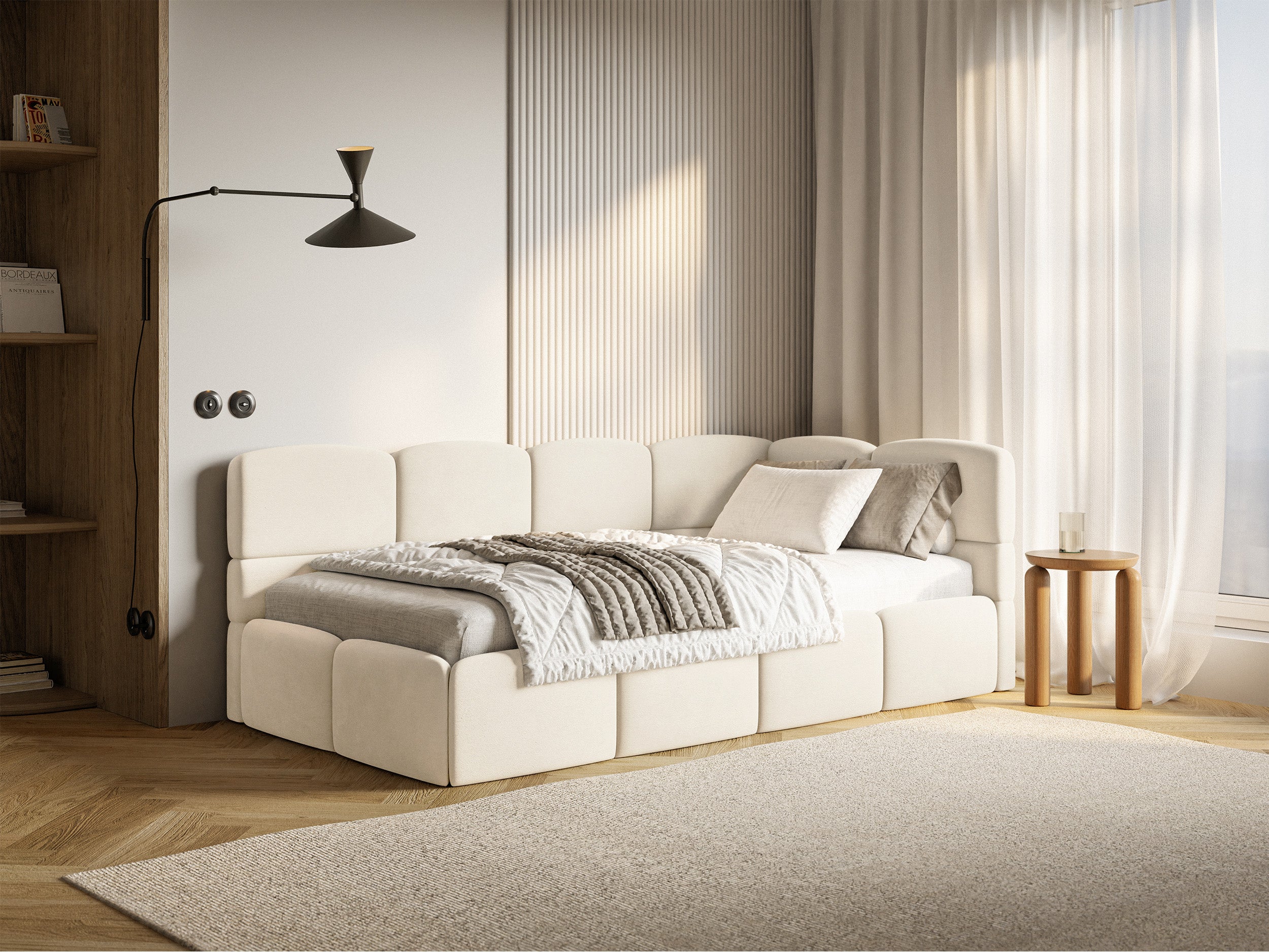 Jugendbett 90x200 cm Cloudy rechtsseitig mit Matratze, Stauraum und Geländern, cremefarbener Velours, wasserabweisend und leicht zu reinigen