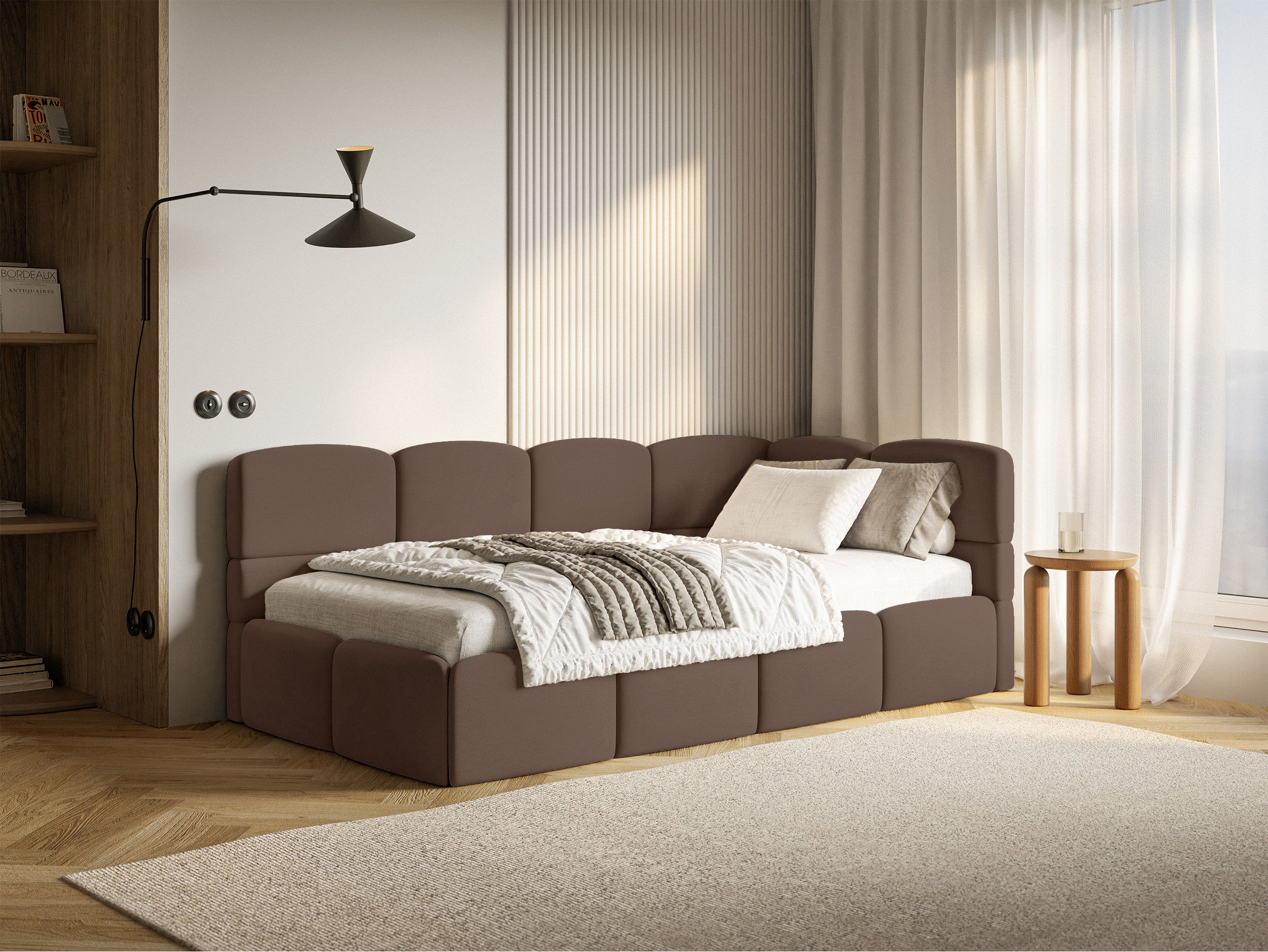 Jugendbett 90x200 cm Cloudy, rechtsseitig mit Stauraum, brauner Velours, wasserabweisend und leicht zu reinigen