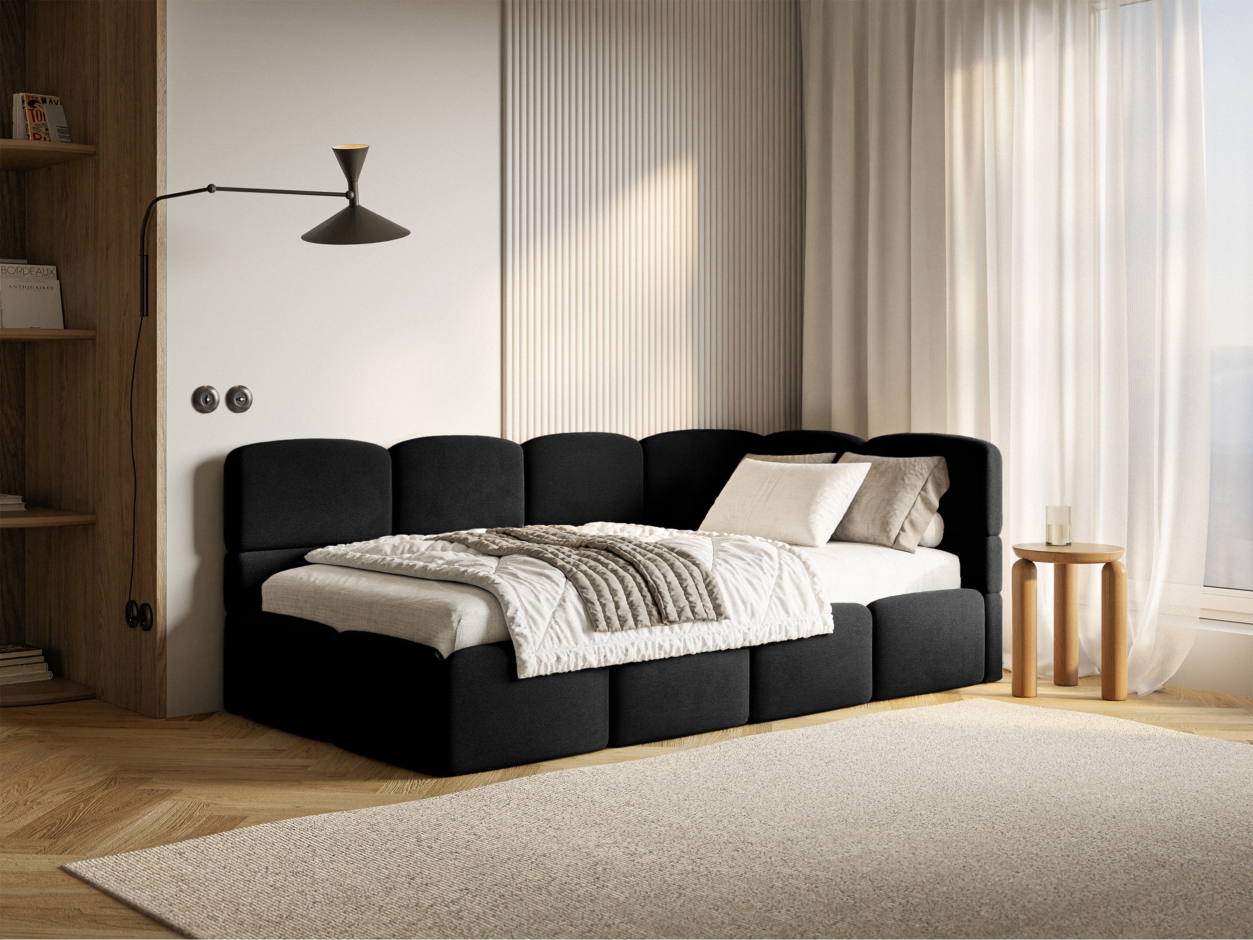 Jugendbett 120x200 cm Cloudy, rechtsseitig, mit Matratze und Stauraum, schwarzer Velours, wasserabweisend und pflegeleicht