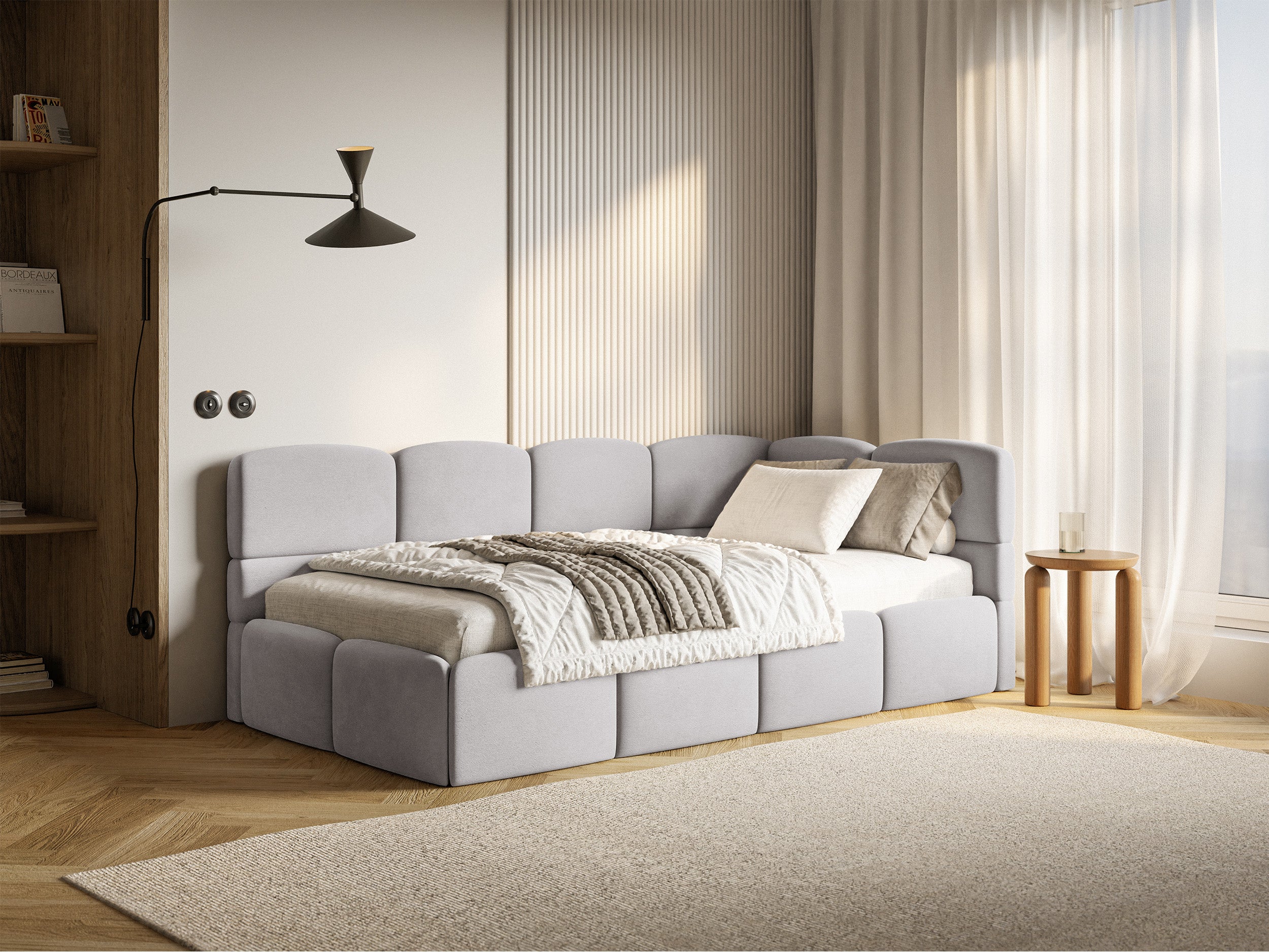 Jugendbett 90x200 cm Cloudy rechtsseitig mit Stauraum und hellgrauen, wasserabweisenden, leicht zu reinigenden Samt-Gittern