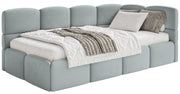 Jugendbett 90x200 cm Cloudy, rechtsseitig, mit Stauraum, grauer Velours, wasserabweisend und leicht zu reinigen