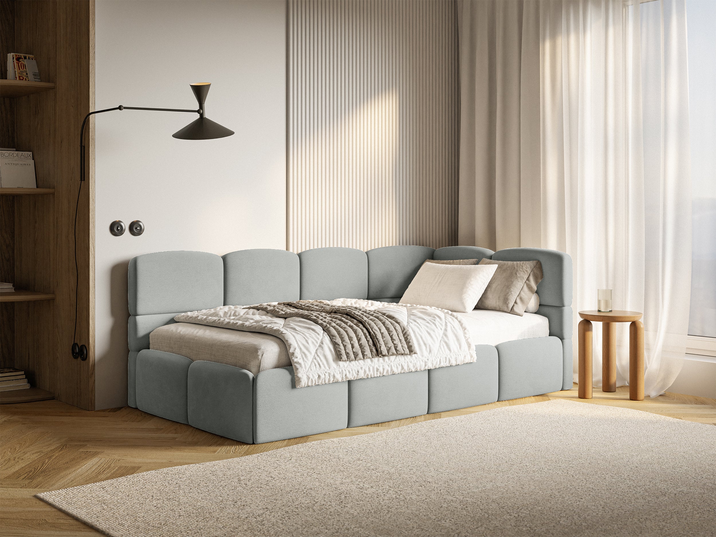Jugendbett 90x200 cm Cloudy, rechtsseitig, mit Stauraum, grauer Velours, wasserabweisend und leicht zu reinigen
