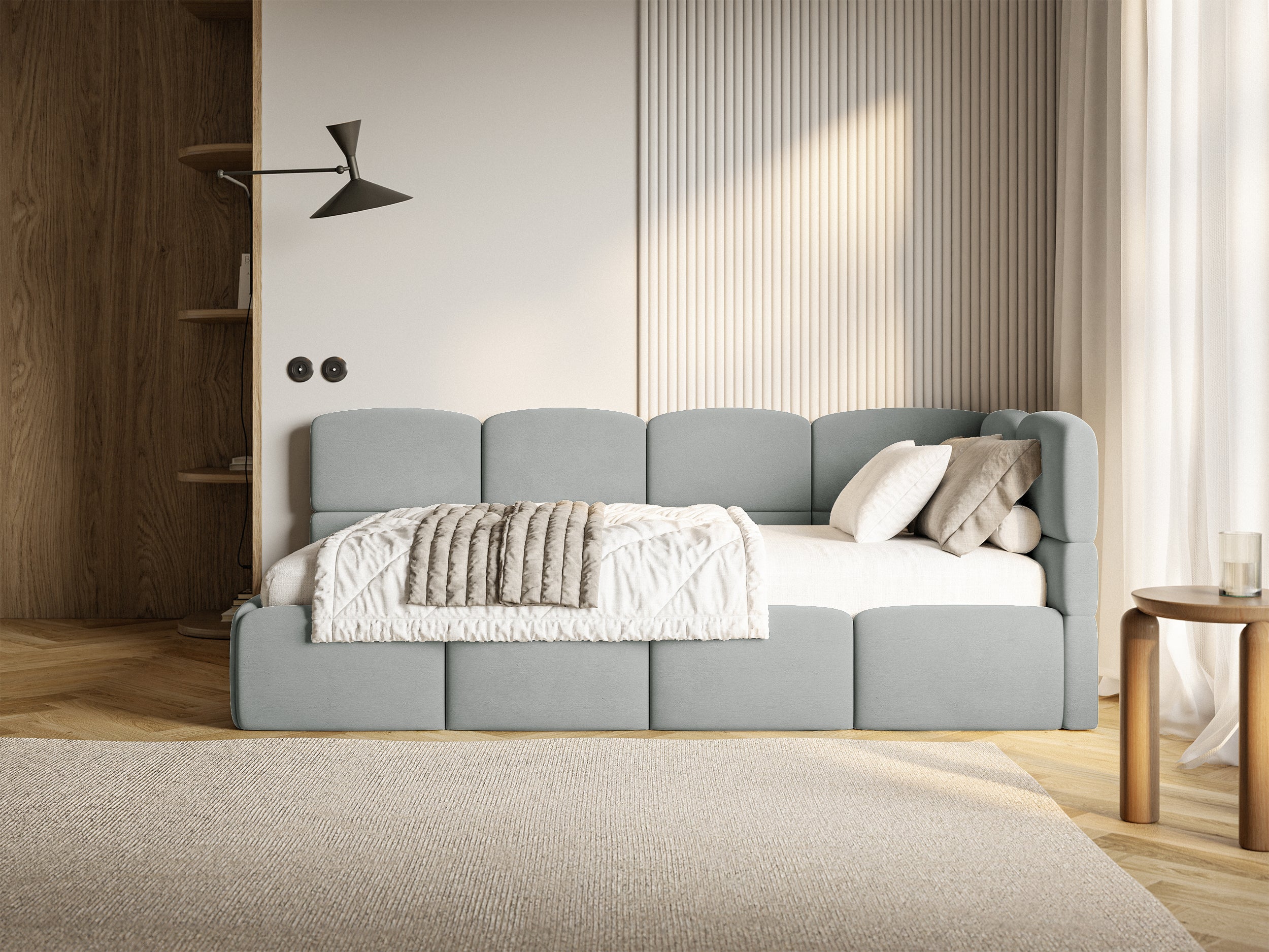 Jugendbett 90x200 cm Cloudy, rechtsseitig, mit Stauraum, grauer Velours, wasserabweisend und leicht zu reinigen