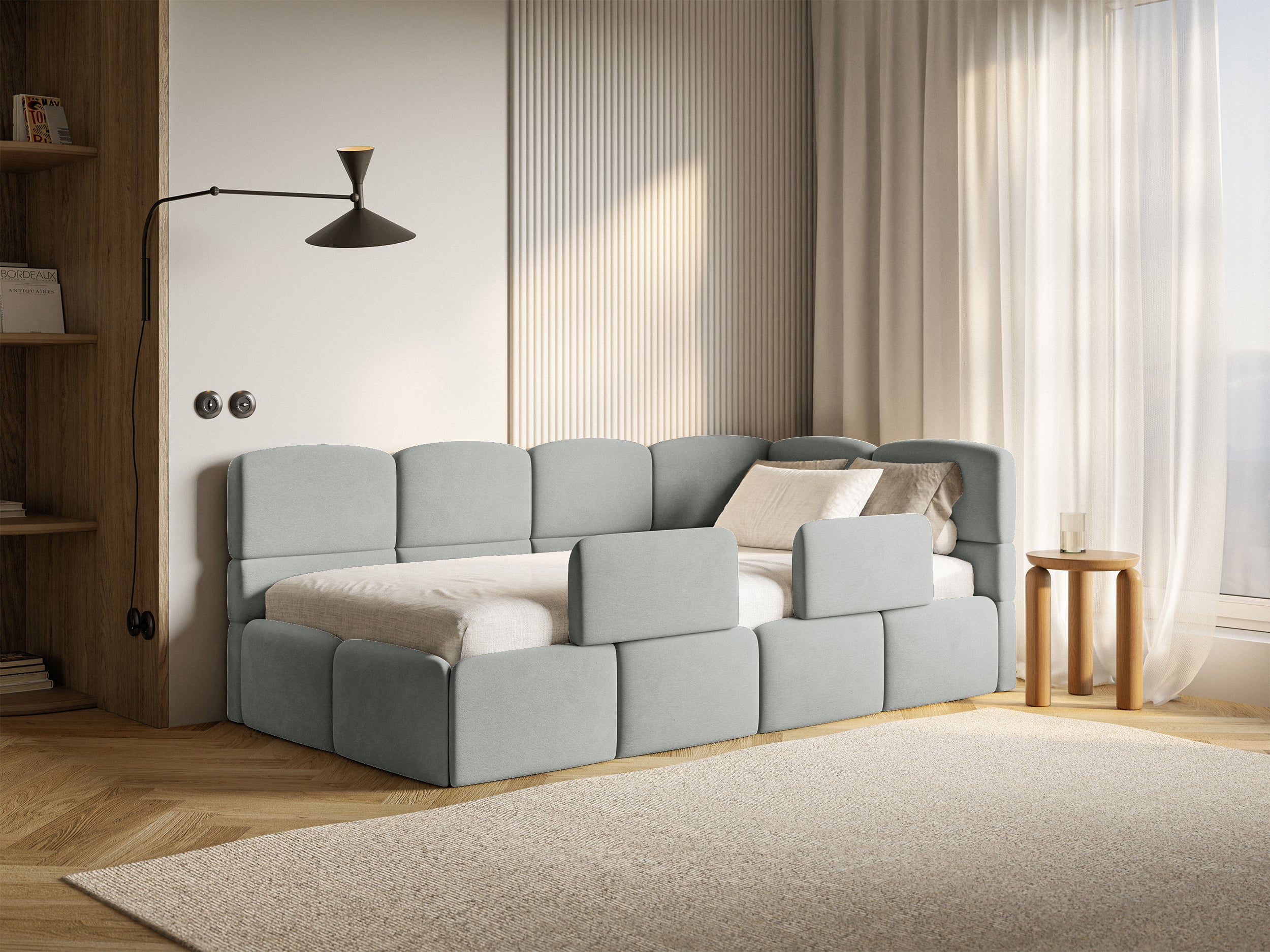 Jugendbett 90x200 cm Cloudy, rechtsseitig, mit Matratze, Stauraum und Geländern, grauer Velours, wasserabweisend und leicht zu reinigen