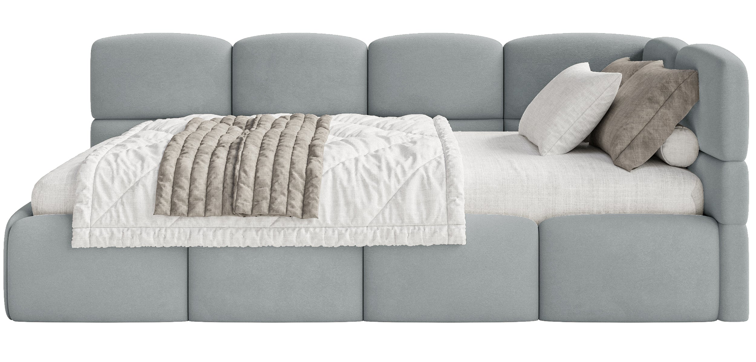 Jugendbett 90x200 cm Cloudy, rechtsseitig, mit Stauraum, grauer Velours, wasserabweisend und leicht zu reinigen