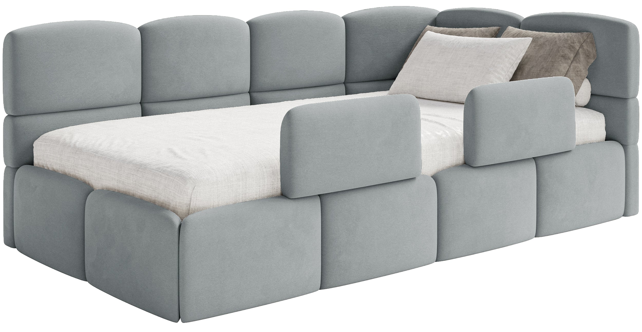 Jugendbett 90x200 cm Cloudy, rechtsseitig, mit Matratze, Stauraum und Geländern, grauer Velours, wasserabweisend und leicht zu reinigen