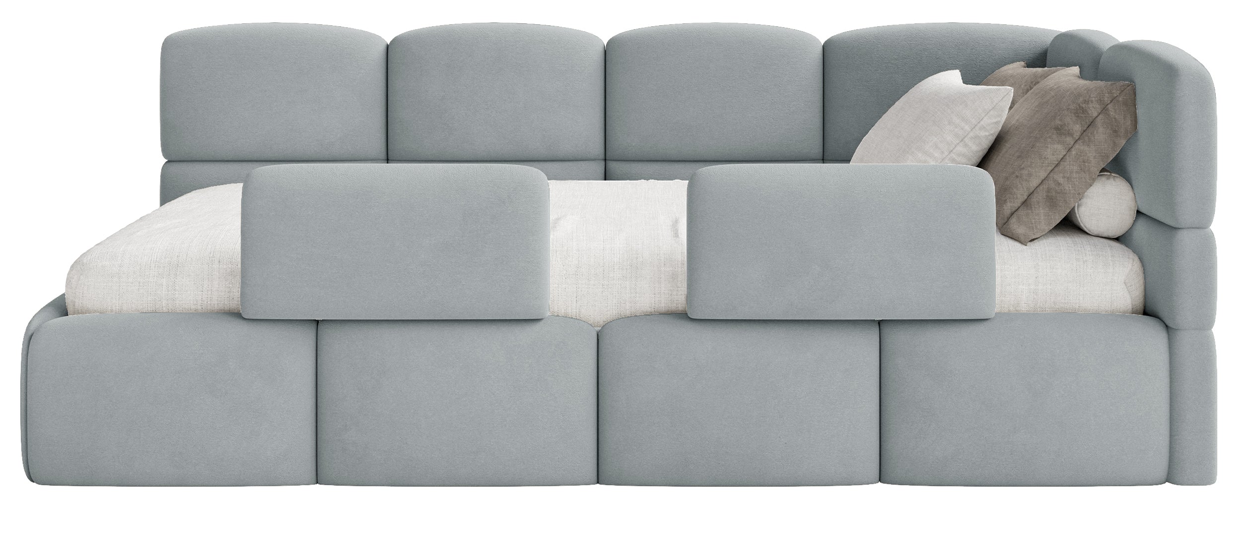 Jugendbett 90x200 cm Cloudy rechtsseitig mit Stauraum und Geländern, grauer Velours, wasserabweisend und leicht zu reinigen
