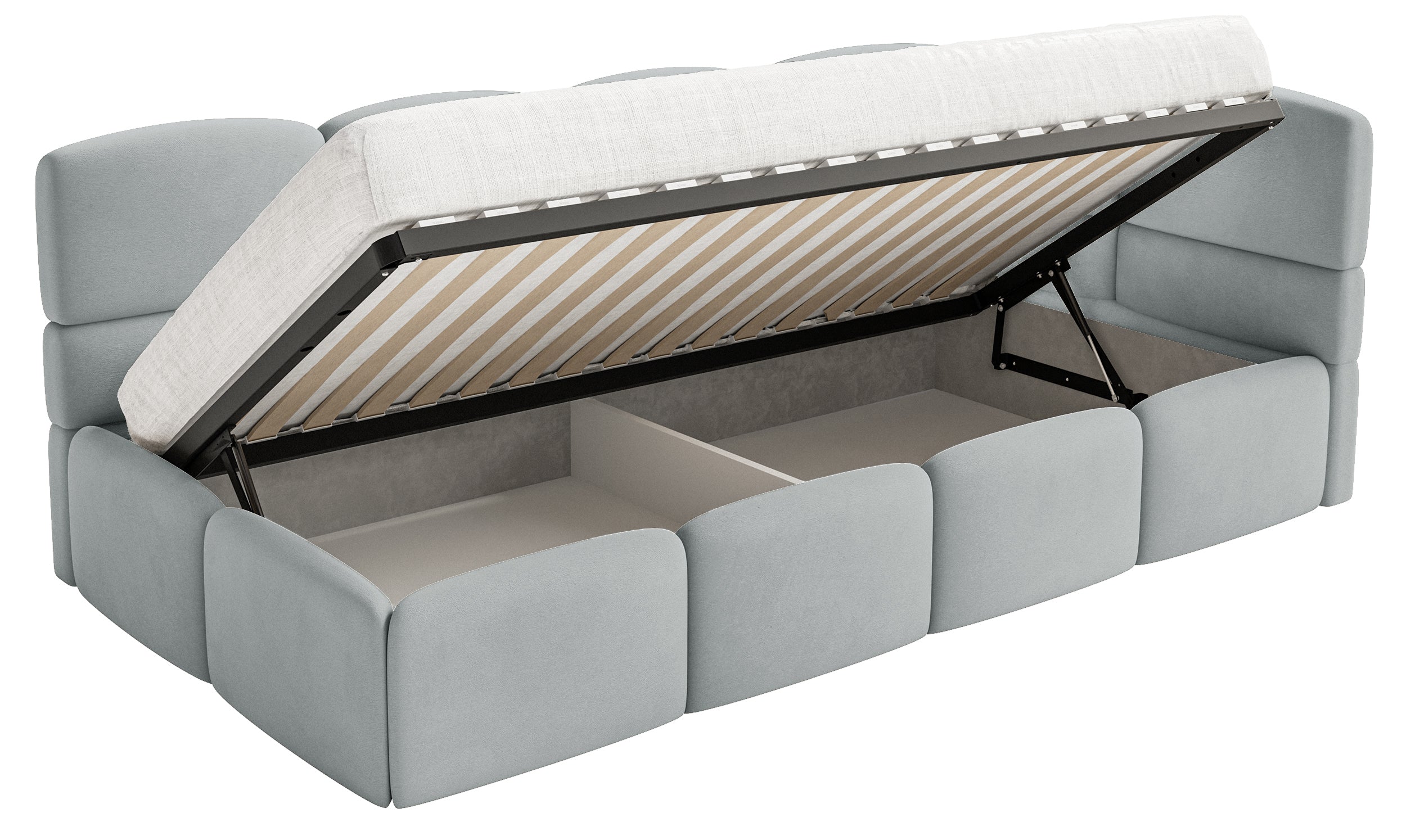 Jugendbett 90x200 cm Cloudy, rechtsseitig, mit Stauraum, grauer Velours, wasserabweisend und leicht zu reinigen