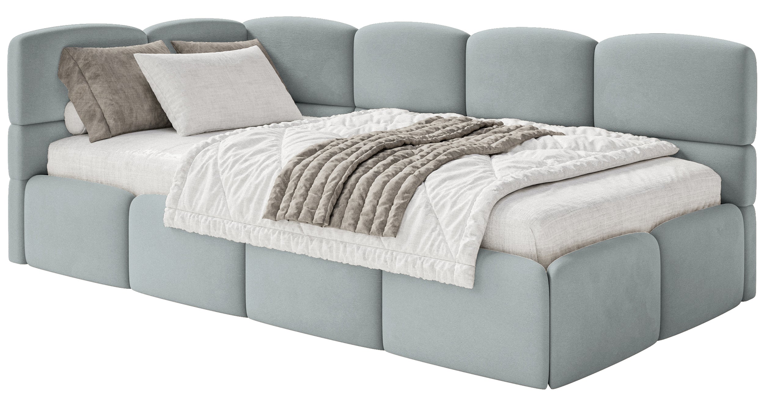 Jugendbett 90x200 cm Cloudy linksseitig mit Matratze, Stauraum und Schutzgittern, grauer Velours, wasserabweisend und pflegeleicht