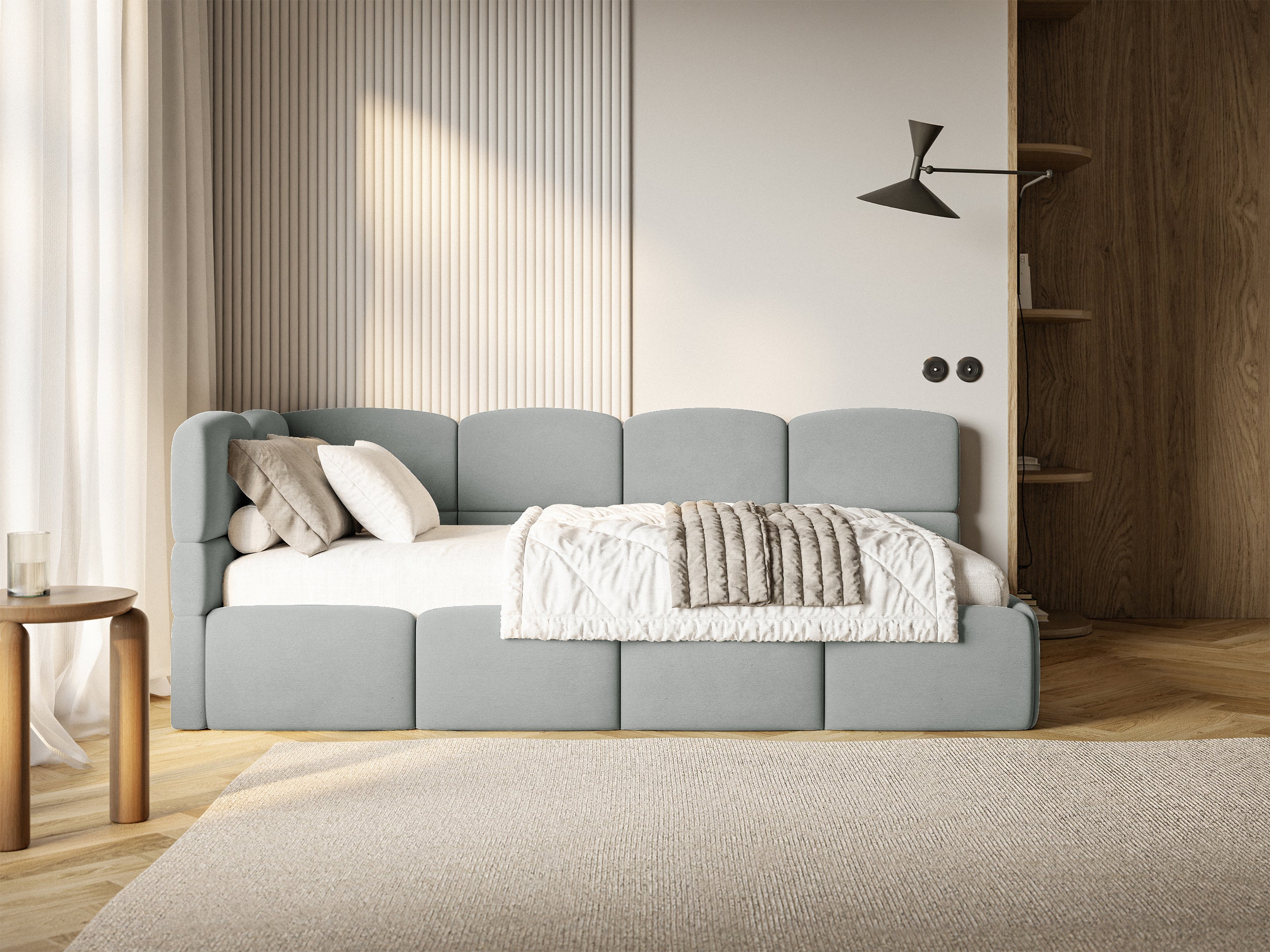 Jugendbett 90x200 cm Cloudy linksseitig mit Matratze, Stauraum und Schutzgittern, grauer Velours, wasserabweisend und pflegeleicht