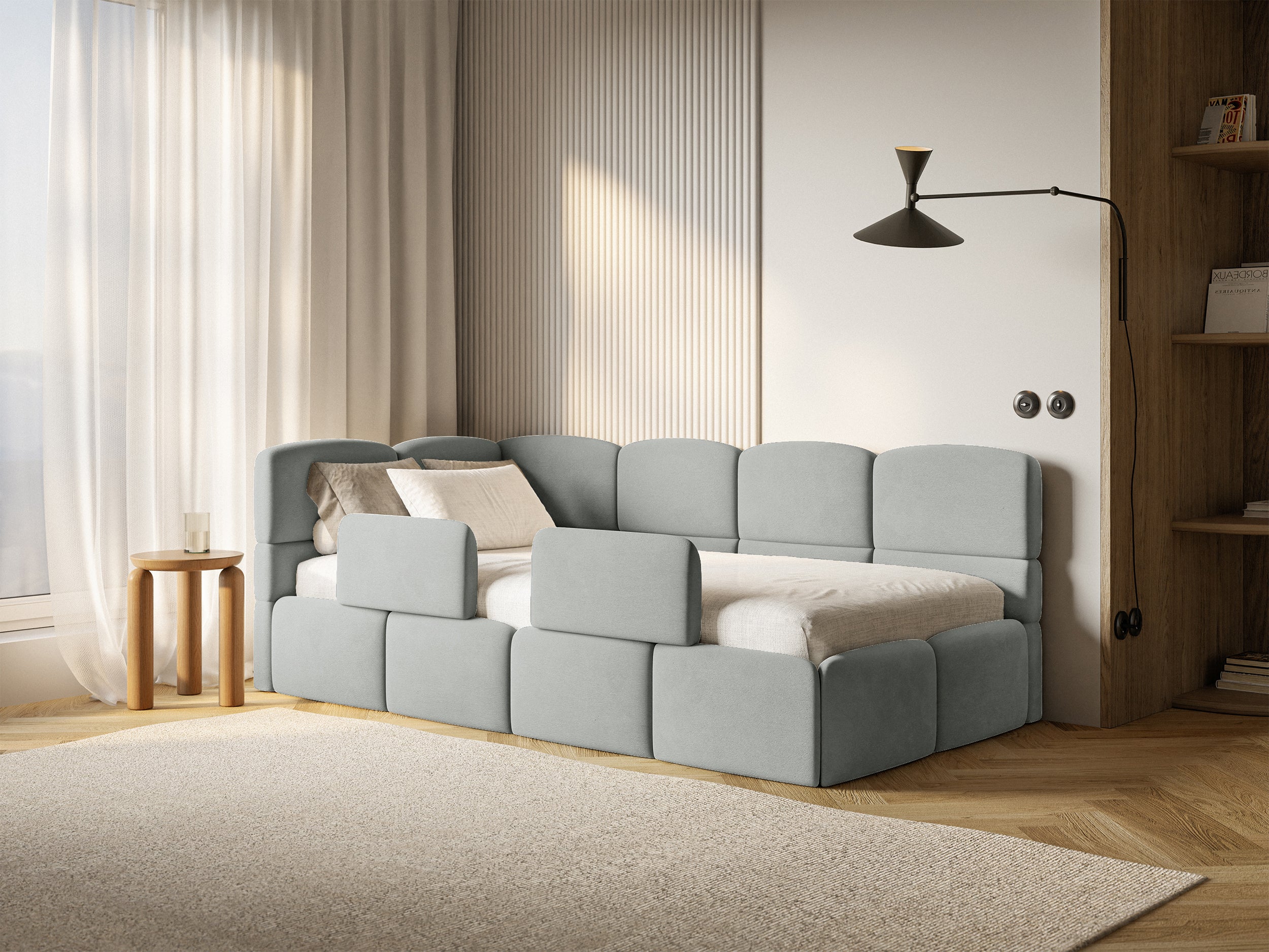 Jugendbett 90x200 cm Cloudy linksseitig mit Matratze, Stauraum und Schutzgittern, grauer Velours, wasserabweisend und pflegeleicht