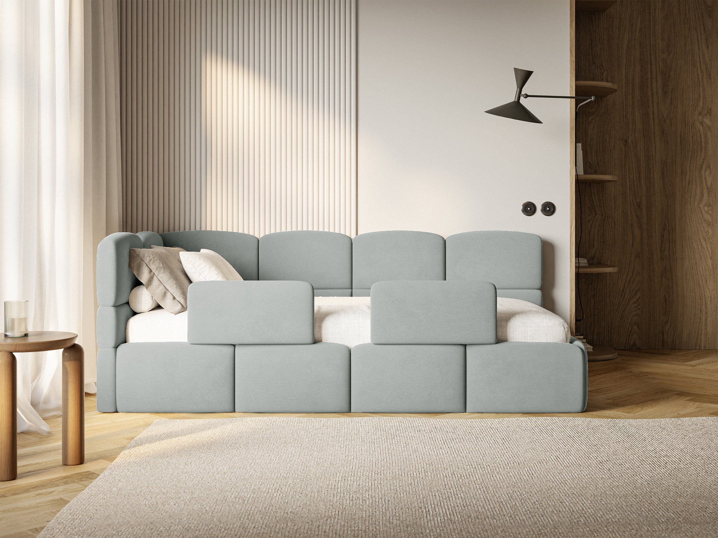 Jugendbett 90x200 cm Cloudy linksseitig mit Matratze, Stauraum und Schutzgittern, grauer Velours, wasserabweisend und pflegeleicht