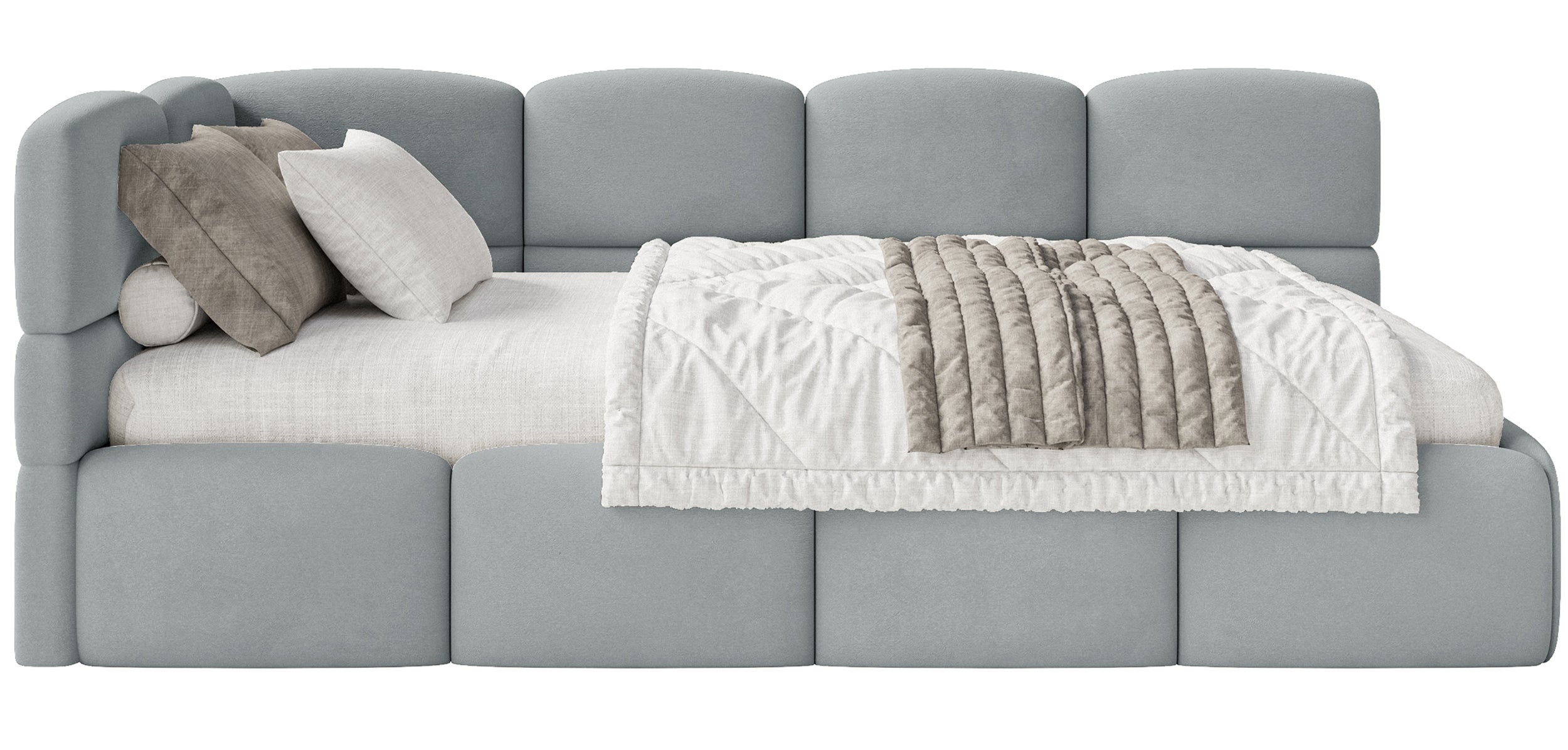Jugendbett 90x200 cm Cloudy linksseitig mit Matratze, Stauraum und Schutzgittern, grauer Velours, wasserabweisend und pflegeleicht